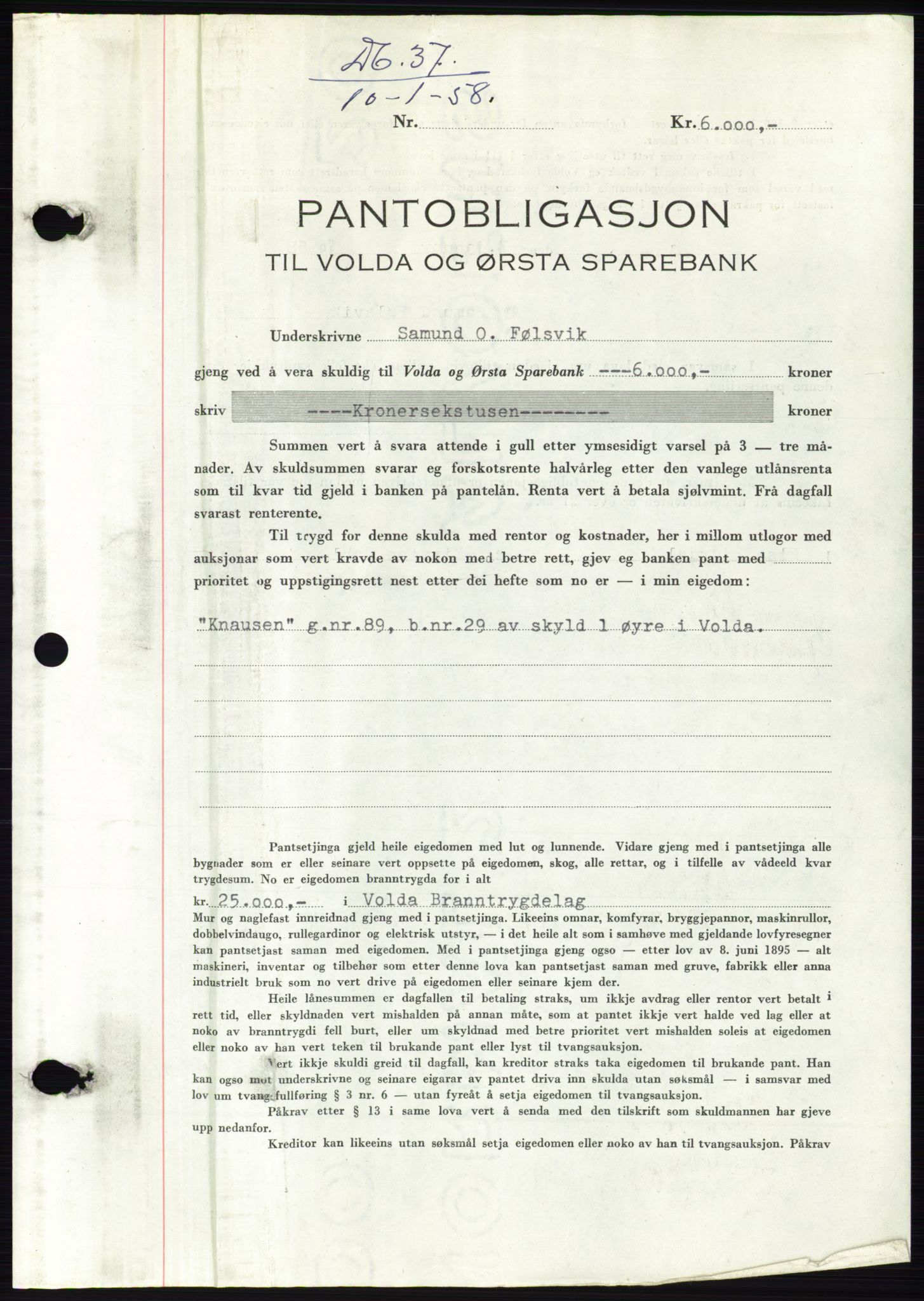 Søre Sunnmøre sorenskriveri, AV/SAT-A-4122/1/2/2C/L0131: Pantebok nr. 19B, 1958-1958, Dagboknr: 37/1958