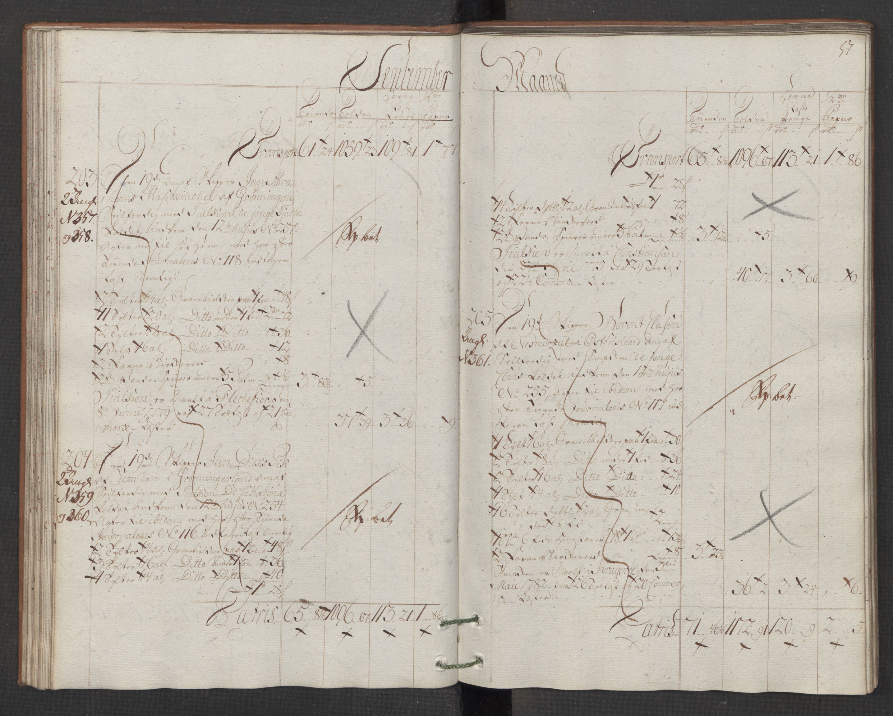 Generaltollkammeret, tollregnskaper, AV/RA-EA-5490/R13/L0078/0001: Tollregnskaper Kragerø / Utgående hovedtollbok, 1786, s. 56b-57a