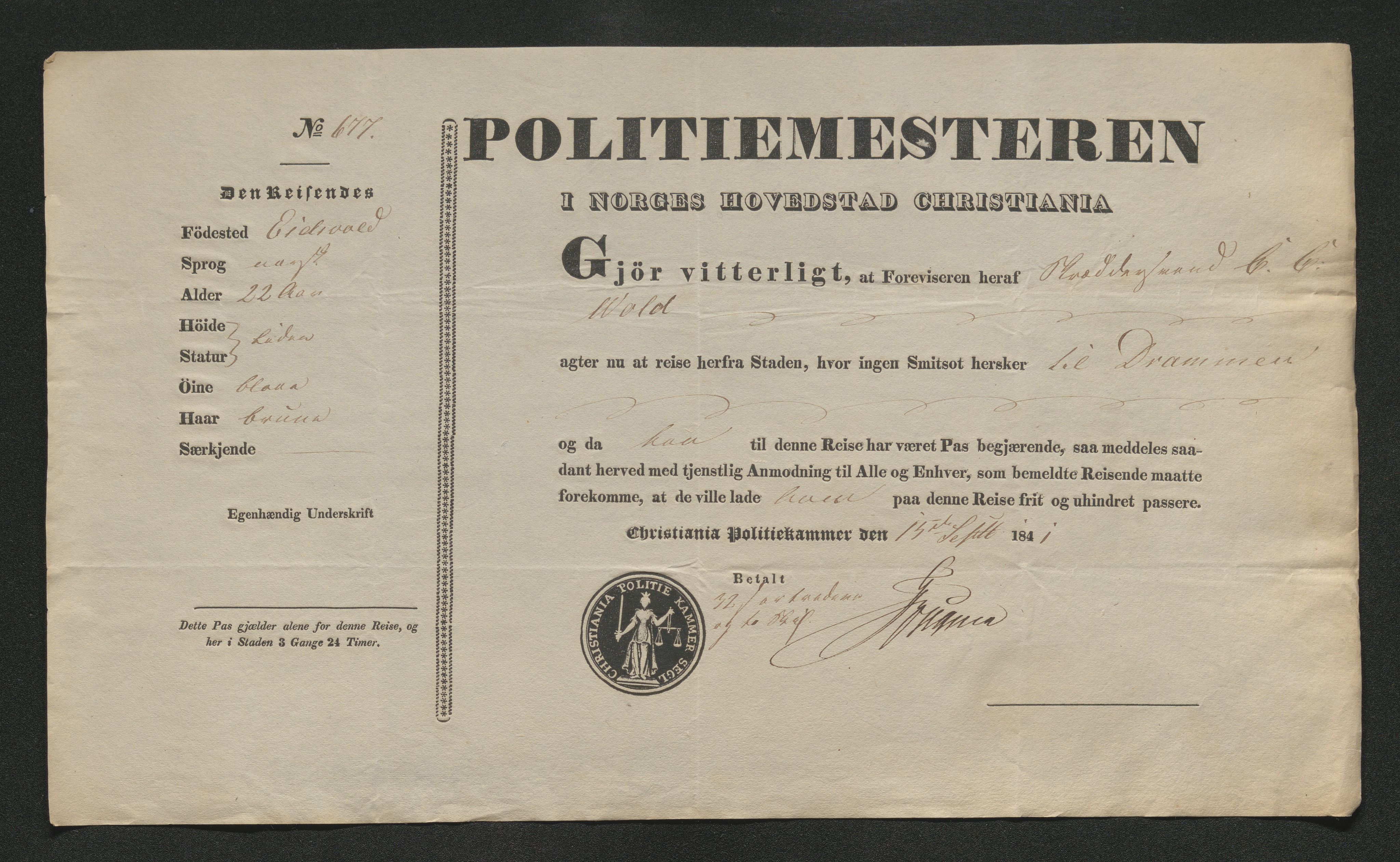 Drammen politikammer, AV/SAKO-A-623/I/Ia/Iab/L0006: Innleverte pass, 1841-1842, s. 256