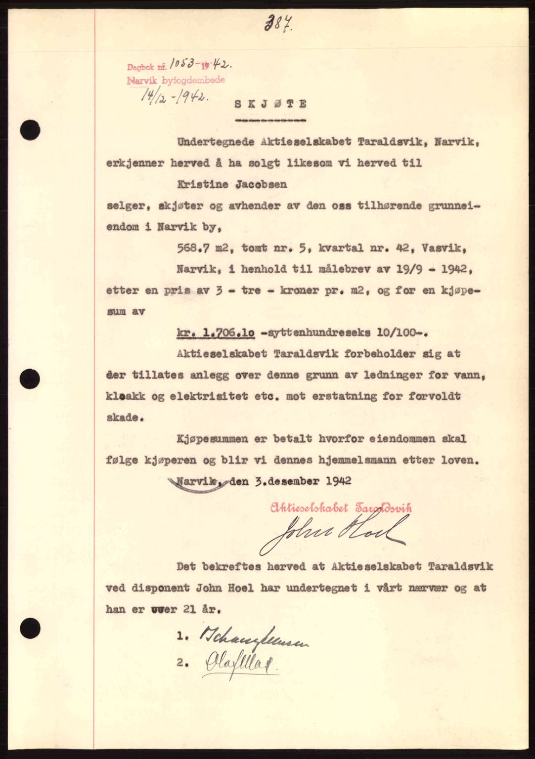 Narvik sorenskriveri, SAT/A-0002/1/2/2C/2Ca: Pantebok nr. A19, 1942-1943, Dagboknr: 1053/1942