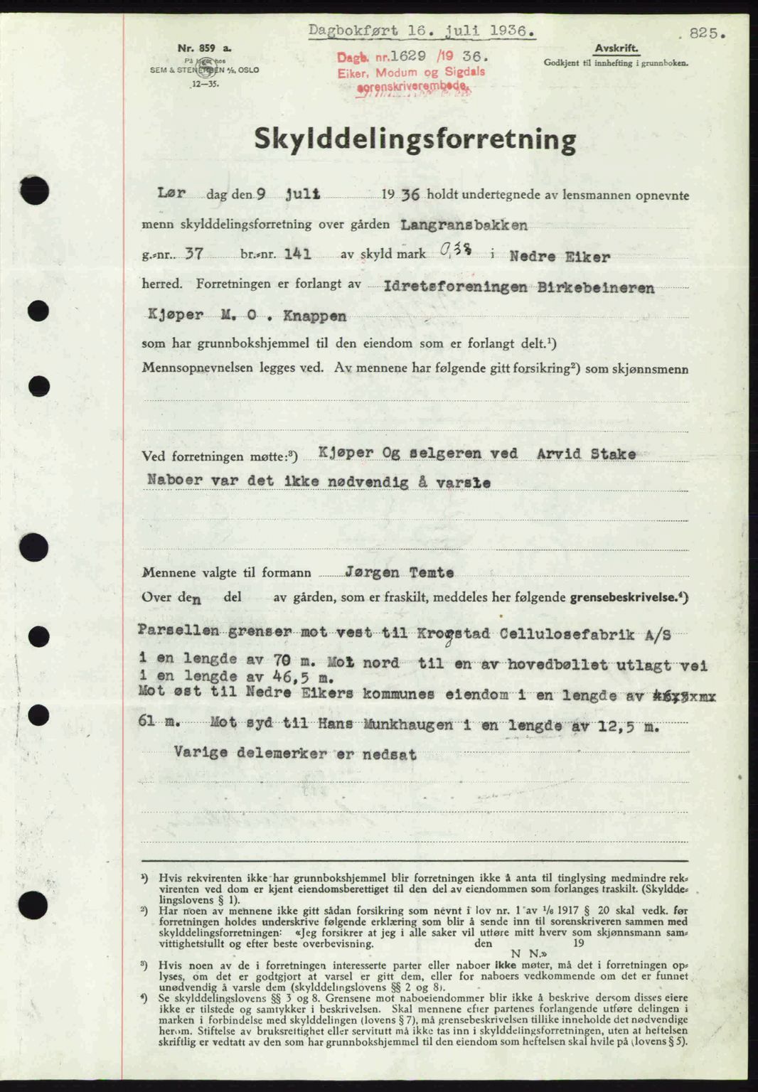 Eiker, Modum og Sigdal sorenskriveri, SAKO/A-123/G/Ga/Gab/L0032: Pantebok nr. A2, 1936-1936, Dagboknr: 1629/1936