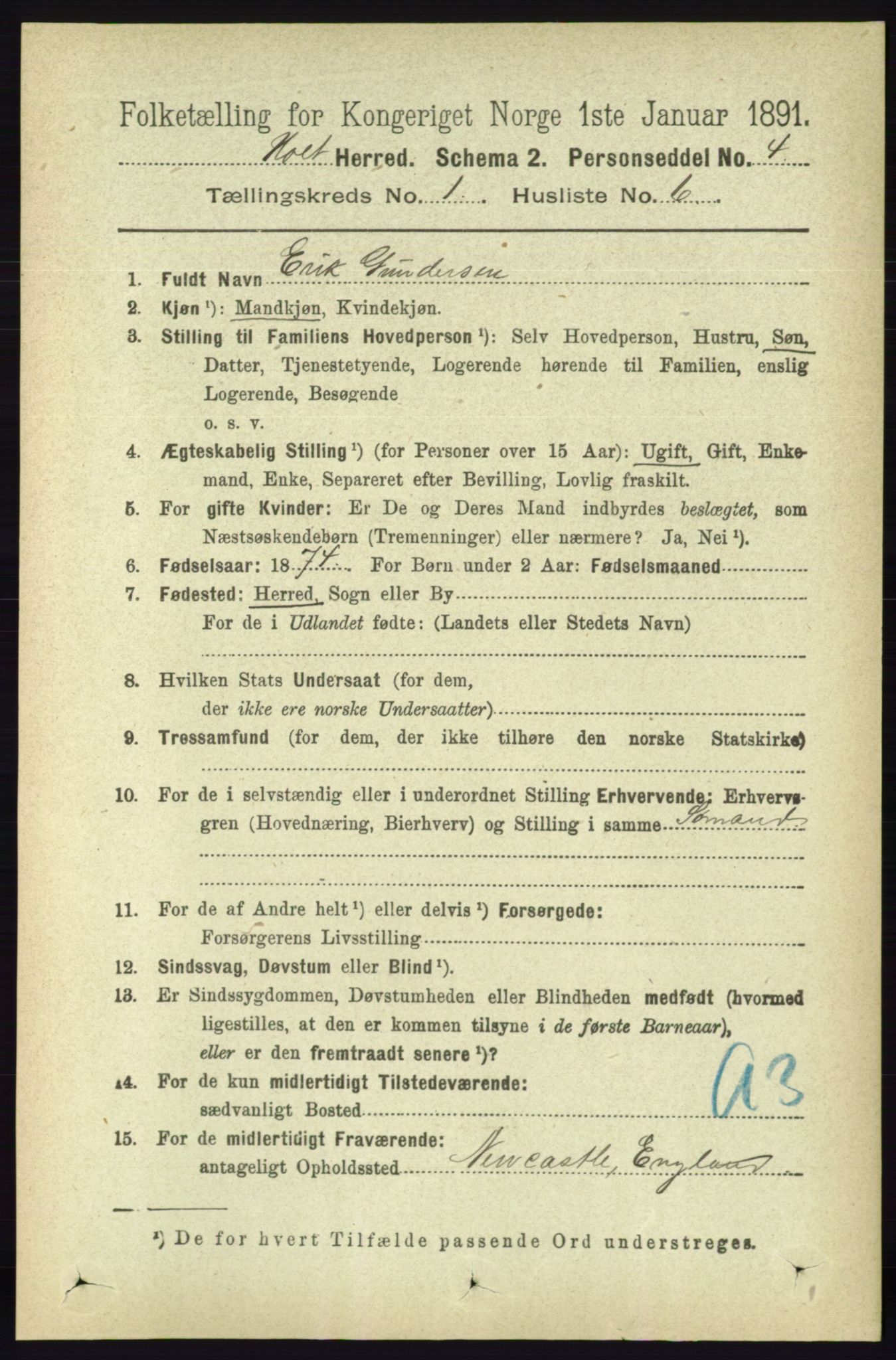 RA, Folketelling 1891 for 0914 Holt herred, 1891, s. 158