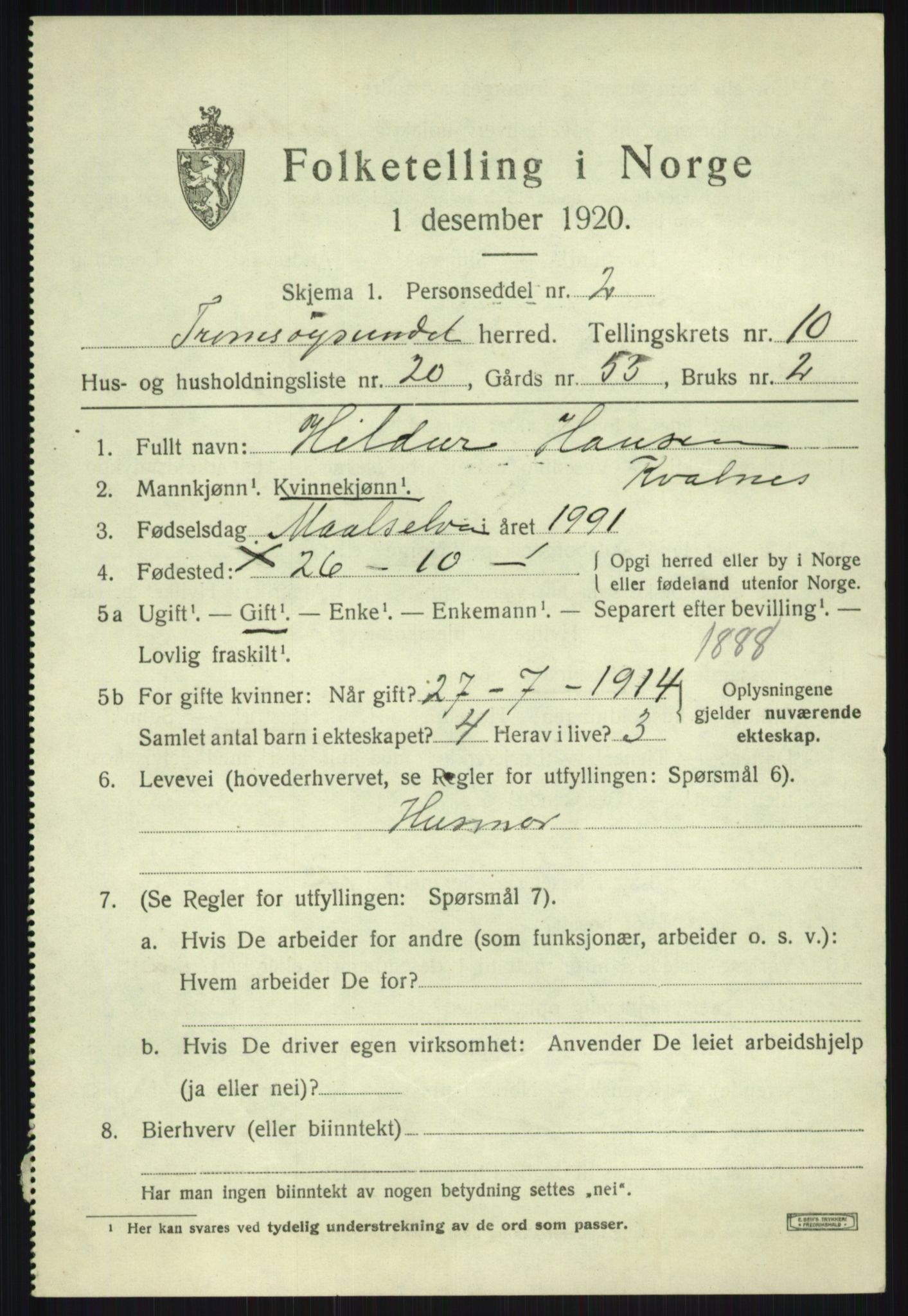 SATØ, Folketelling 1920 for 1934 Tromsøysund herred, 1920, s. 7194