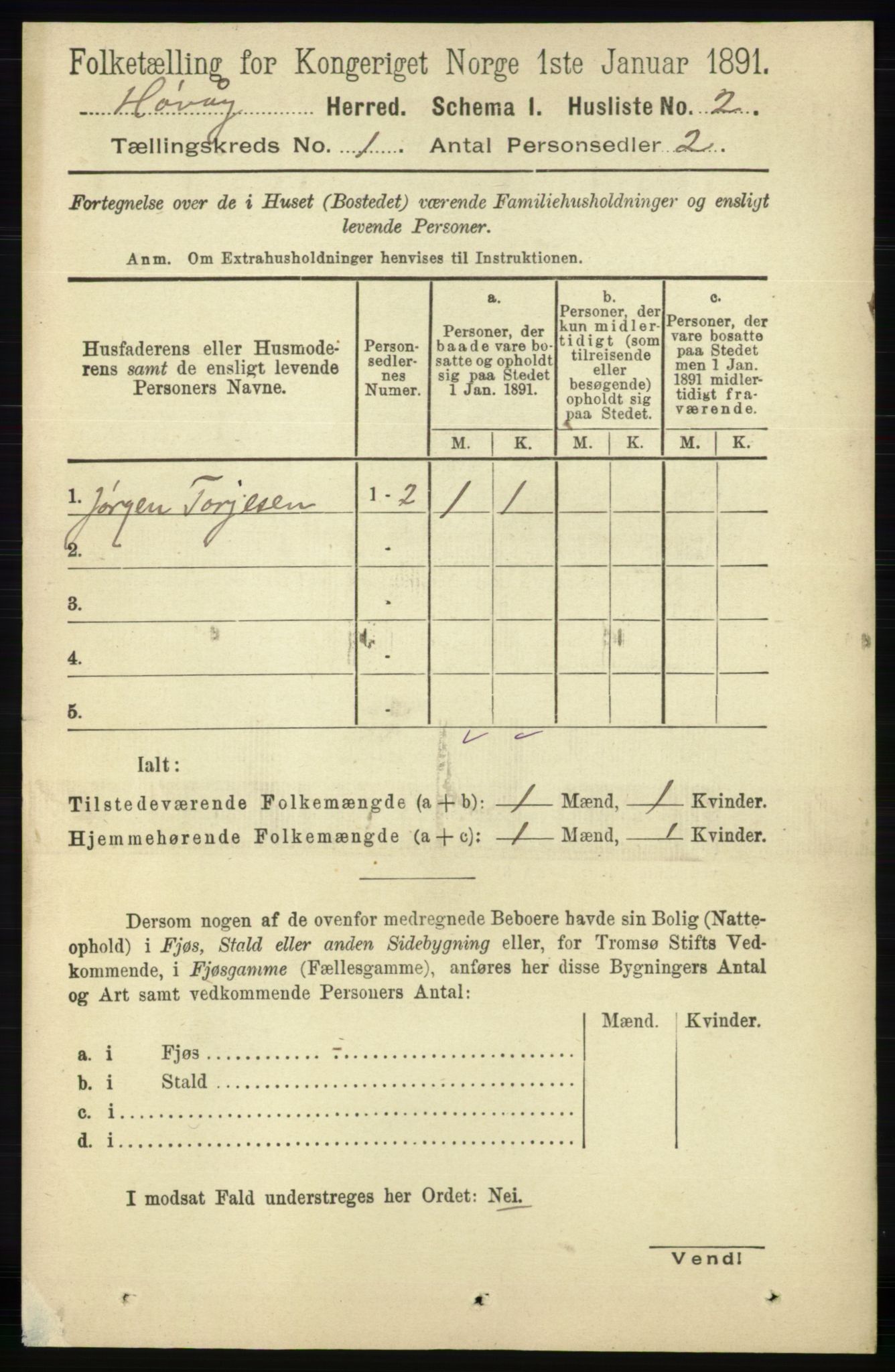 RA, Folketelling 1891 for 0927 Høvåg herred, 1891, s. 20