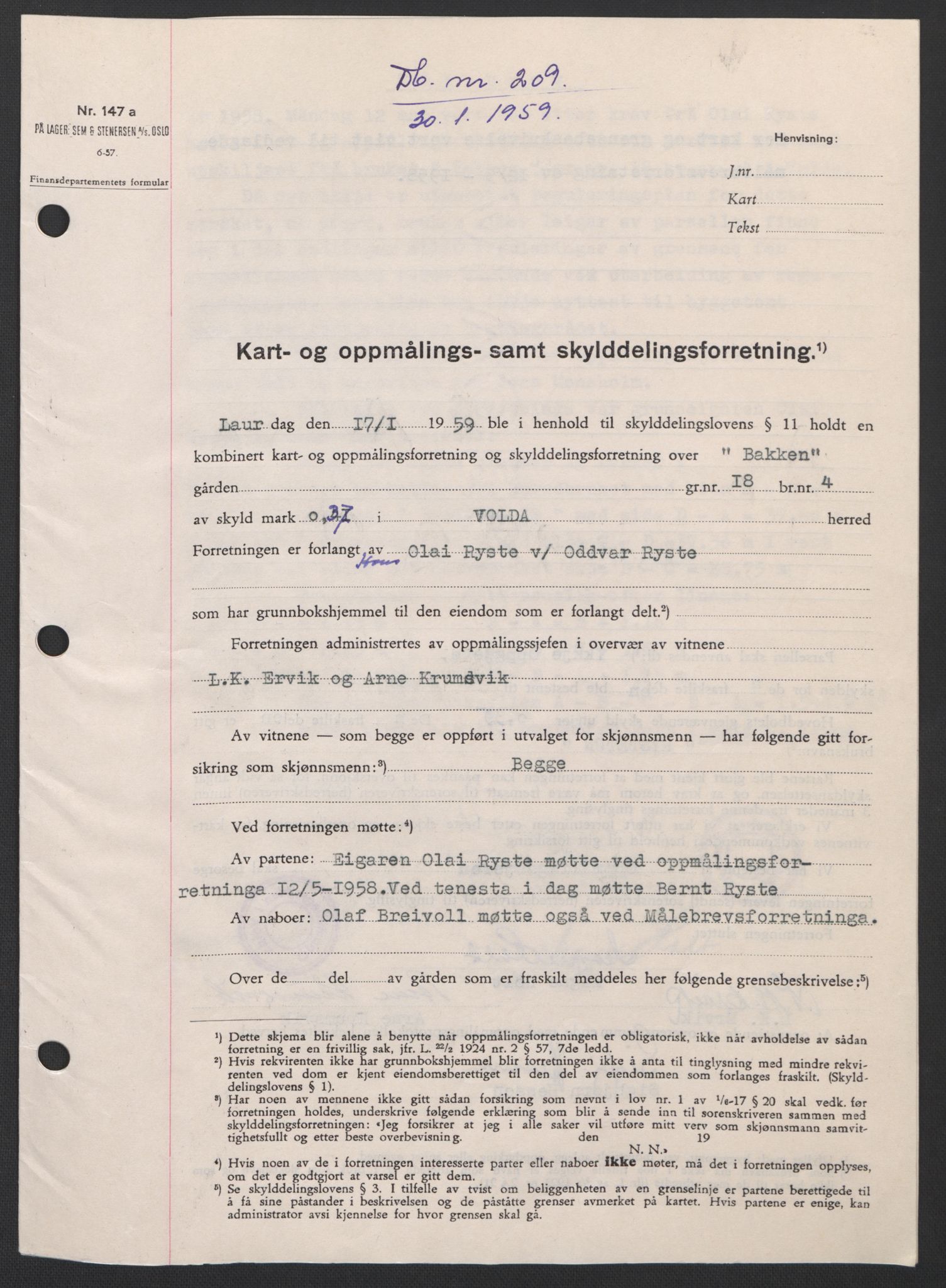 Søre Sunnmøre sorenskriveri, SAT/A-4122/1/2/2C/L0111: Pantebok nr. 37A, 1958-1959, Dagboknr: 209/1959