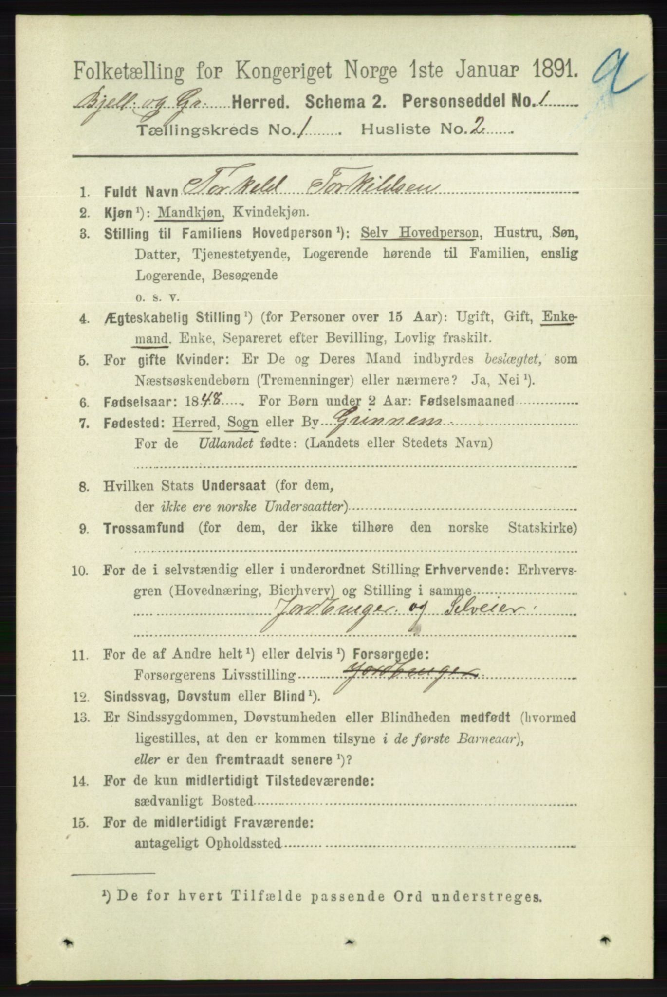 RA, Folketelling 1891 for 1024 Bjelland og Grindheim herred, 1891, s. 63