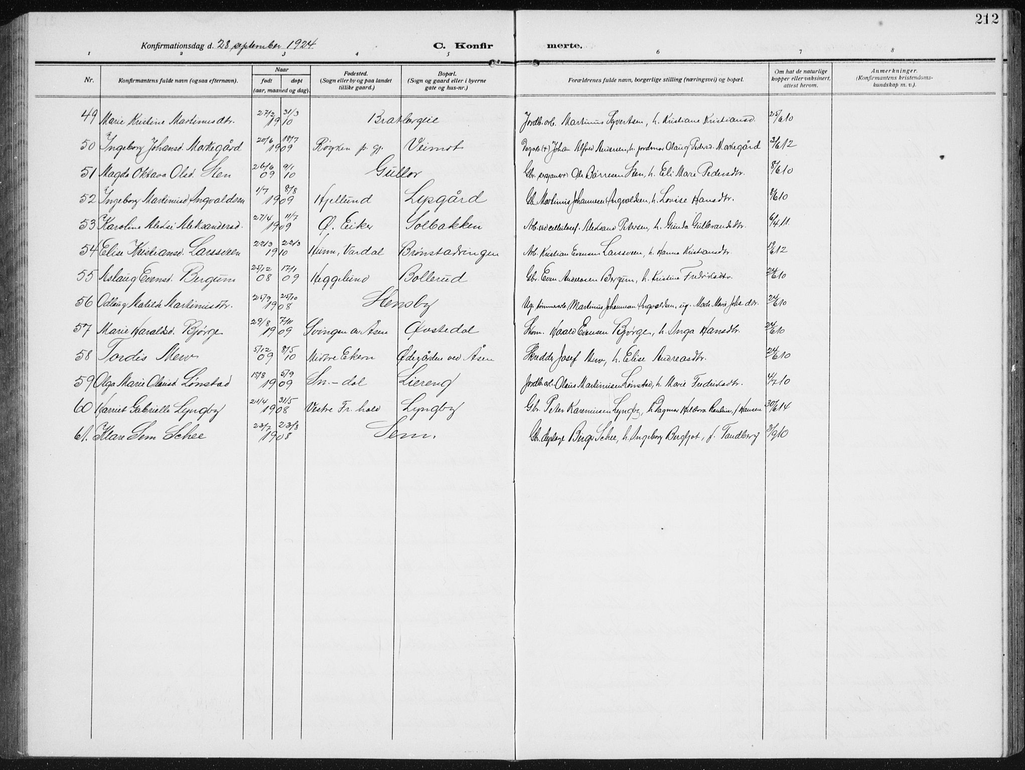 Biri prestekontor, SAH/PREST-096/H/Ha/Hab/L0006: Klokkerbok nr. 6, 1909-1938, s. 212