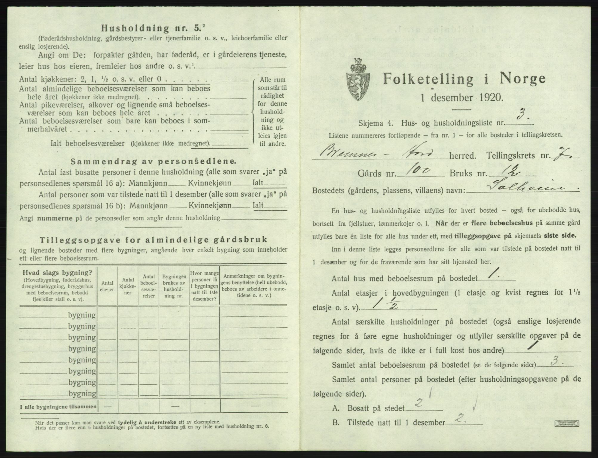 SAB, Folketelling 1920 for 1220 Bremnes herred, 1920, s. 485