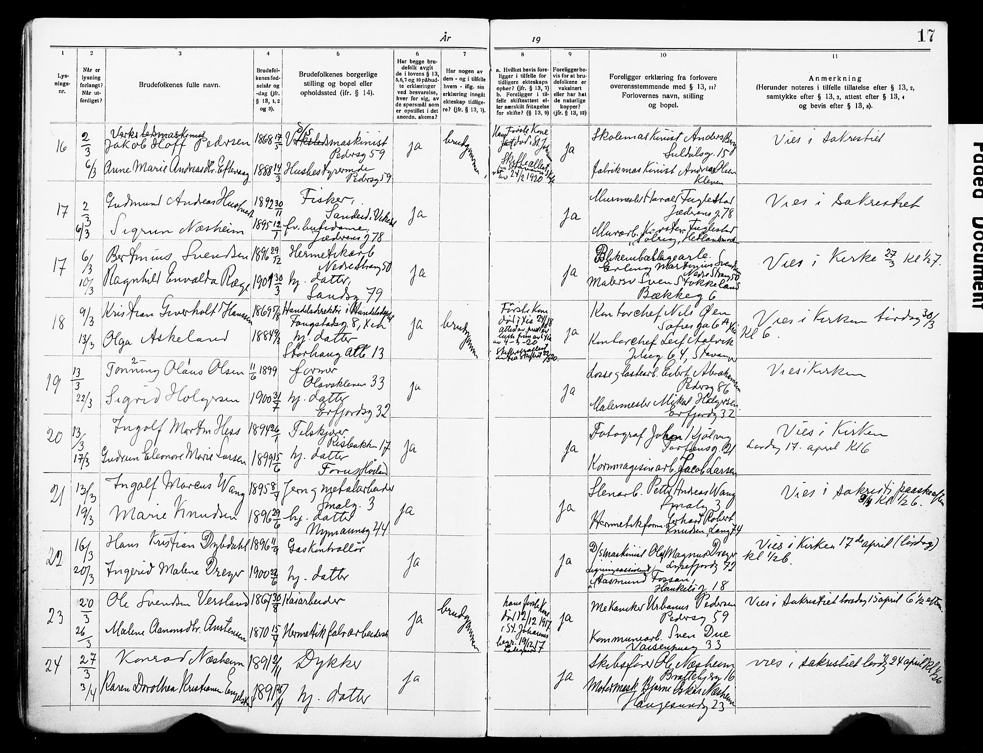 St. Johannes sokneprestkontor, AV/SAST-A-101814/001/70/705BA/L0004: Lysningsprotokoll nr. 4, 1919-1928, s. 17