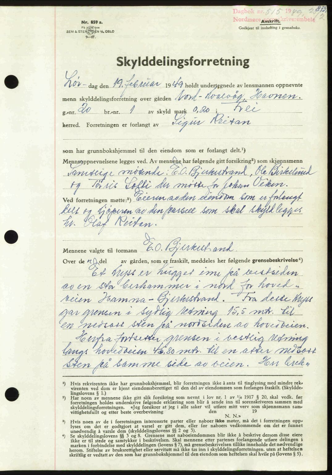 Nordmøre sorenskriveri, SAT/A-4132/1/2/2Ca: Pantebok nr. A110, 1948-1949, Dagboknr: 515/1949