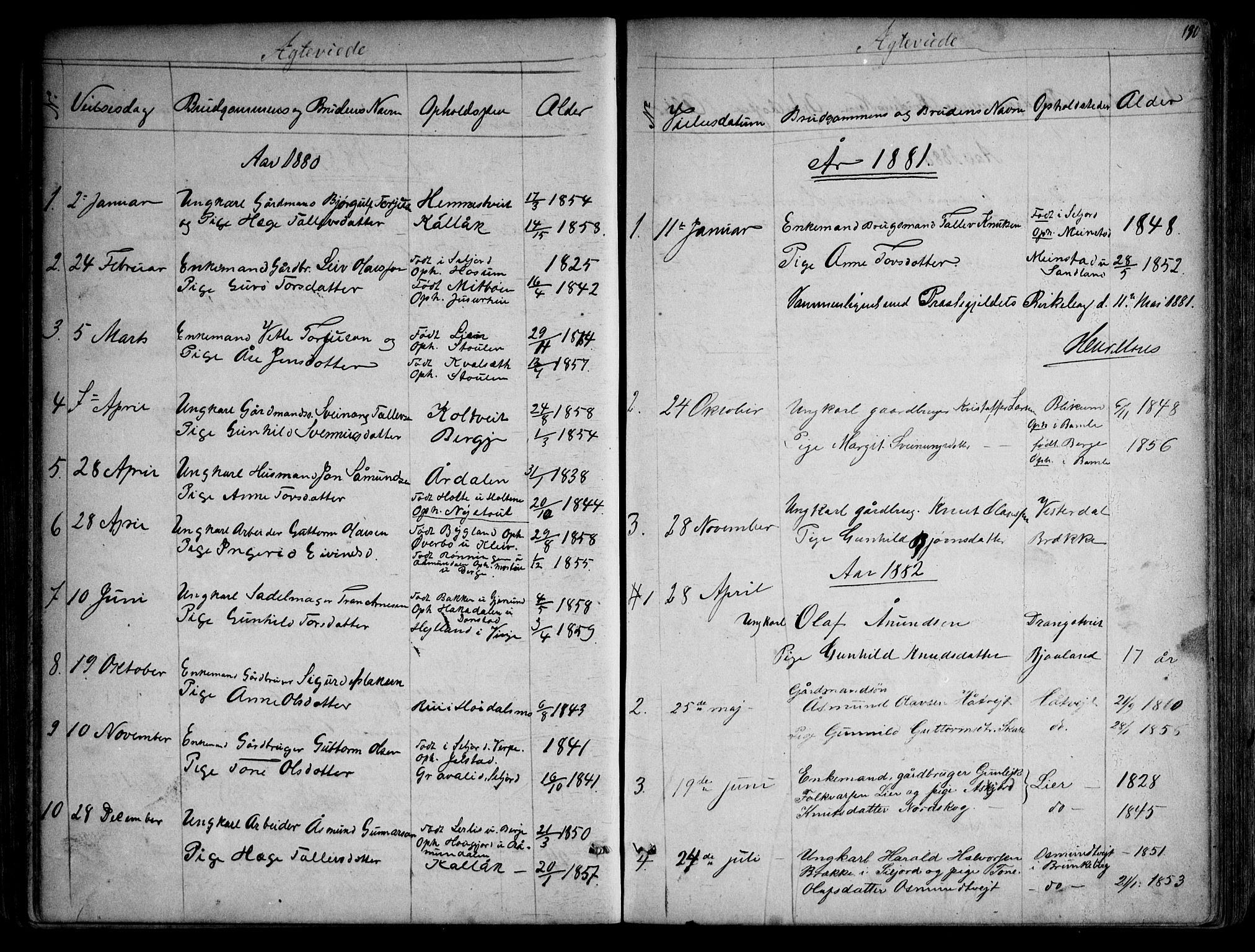 Kviteseid kirkebøker, AV/SAKO-A-276/G/Gb/L0002: Klokkerbok nr. II 2, 1850-1892, s. 190