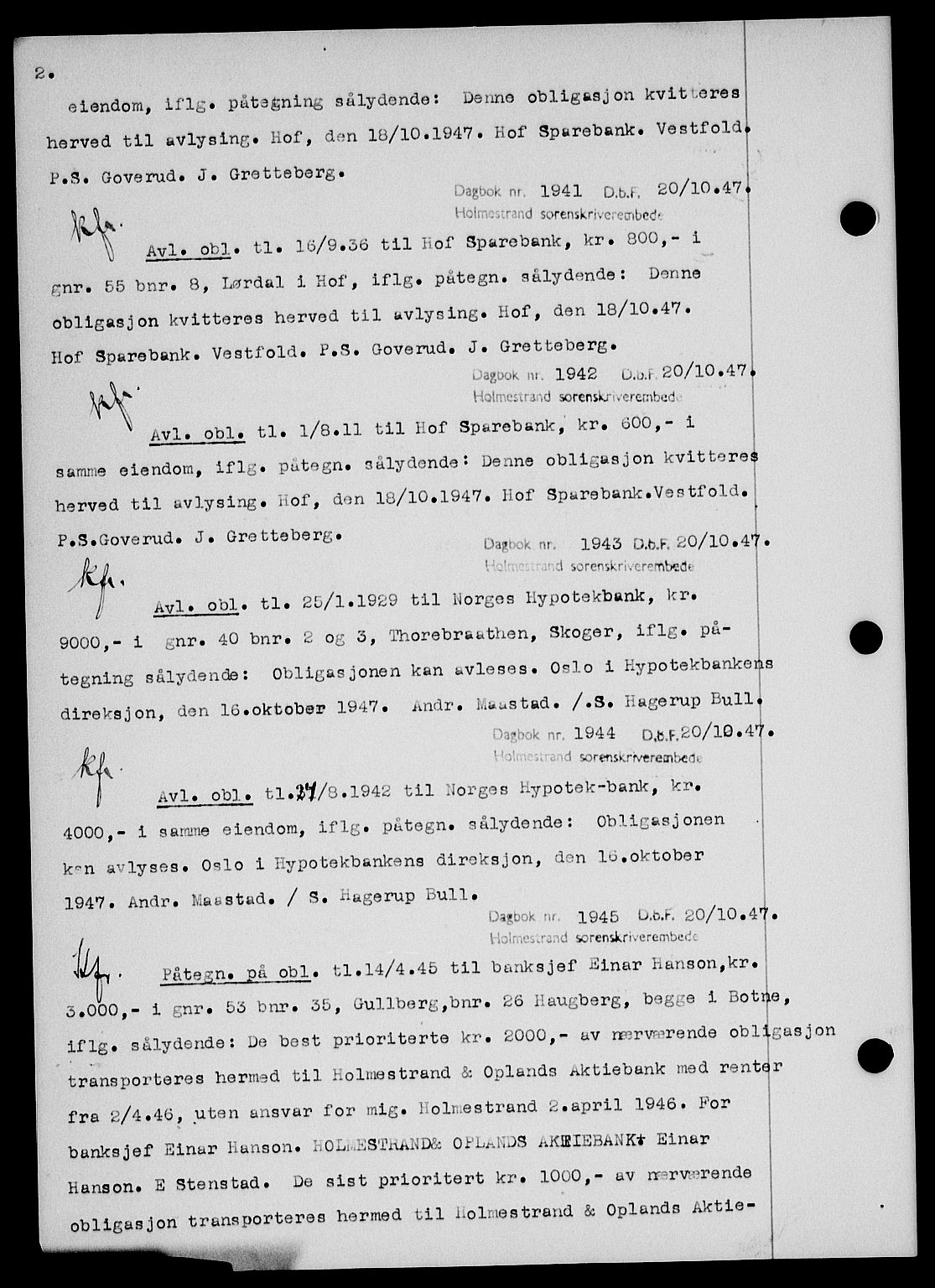 Holmestrand sorenskriveri, SAKO/A-67/G/Ga/Gab/L0058: Pantebok nr. B-58, 1947-1948, s. 2, Dagboknr: 1941/1947