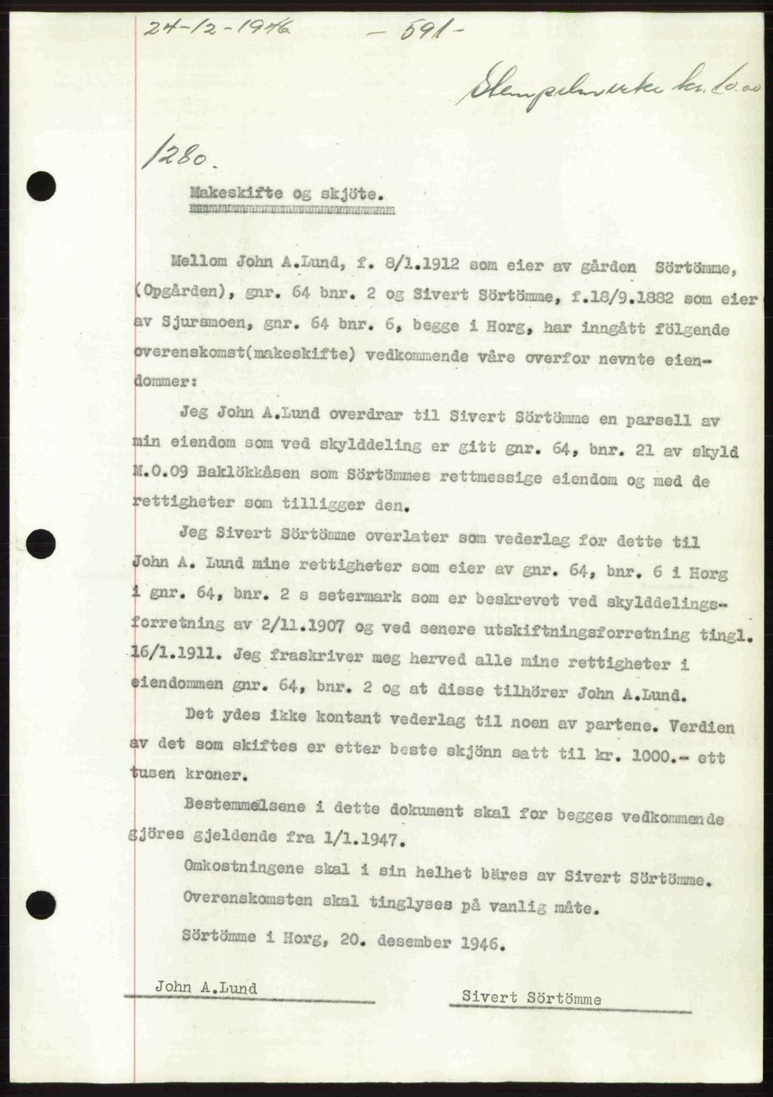 Gauldal sorenskriveri, SAT/A-0014/1/2/2C: Pantebok nr. A2, 1946-1946, Dagboknr: 1280/1946
