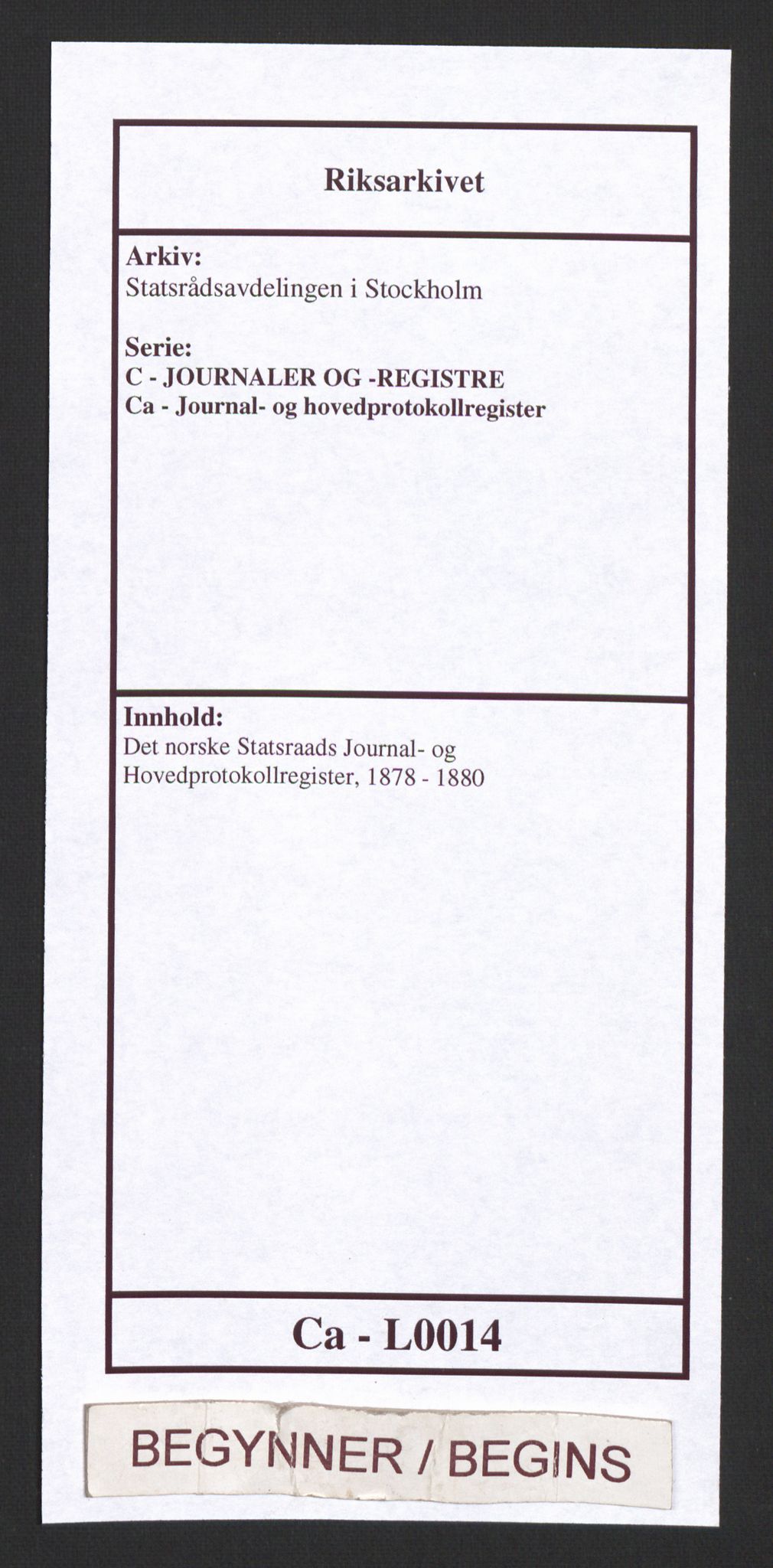 Statsrådsavdelingen i Stockholm, AV/RA-S-1003/C/Ca/L0014: Det norske Statsraads Journal- og Hovedprotokollregister, 1878-1880