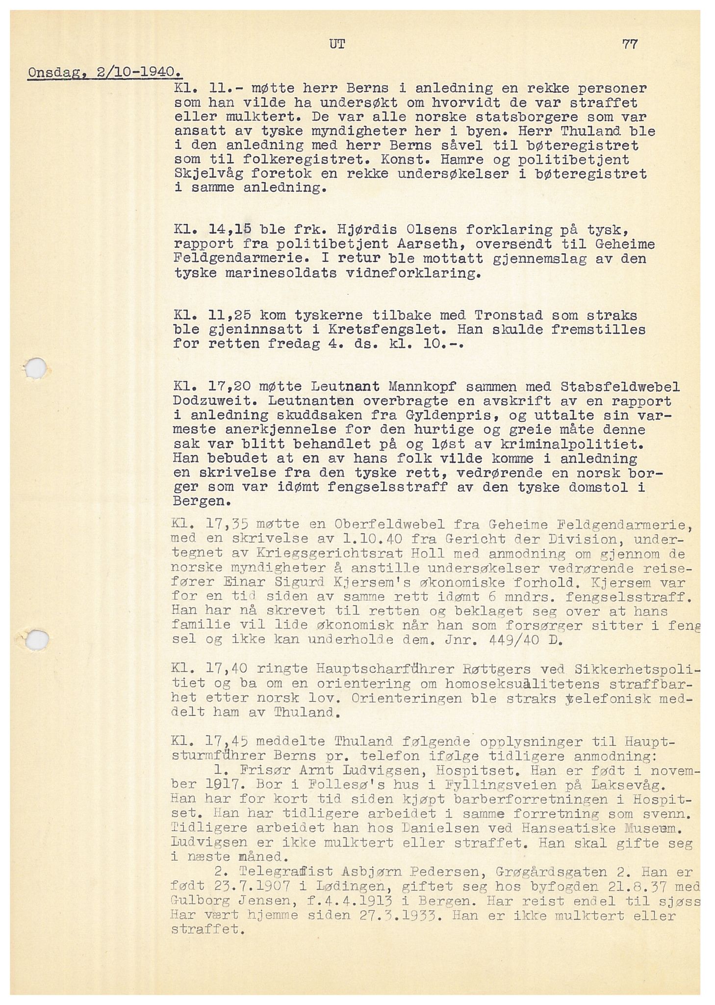 Bergen politikammer / politidistrikt, SAB/A-60401/Y/Ye/L0001: Avskrift av krigsdagbok av Dankert Thuland, 1940-1941, s. 77