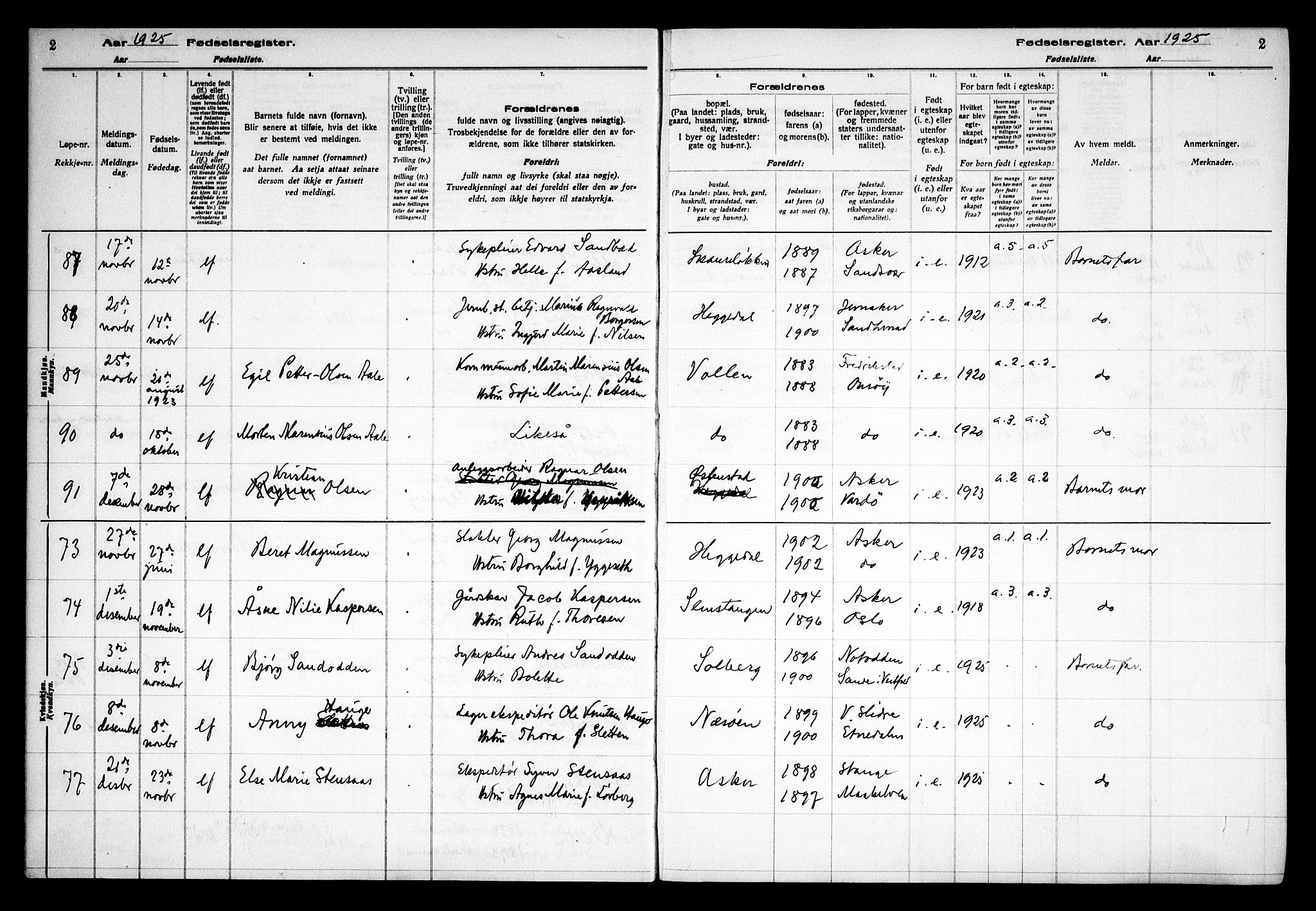 Asker prestekontor Kirkebøker, AV/SAO-A-10256a/J/L0002: Fødselsregister nr. 2, 1925-1938, s. 2