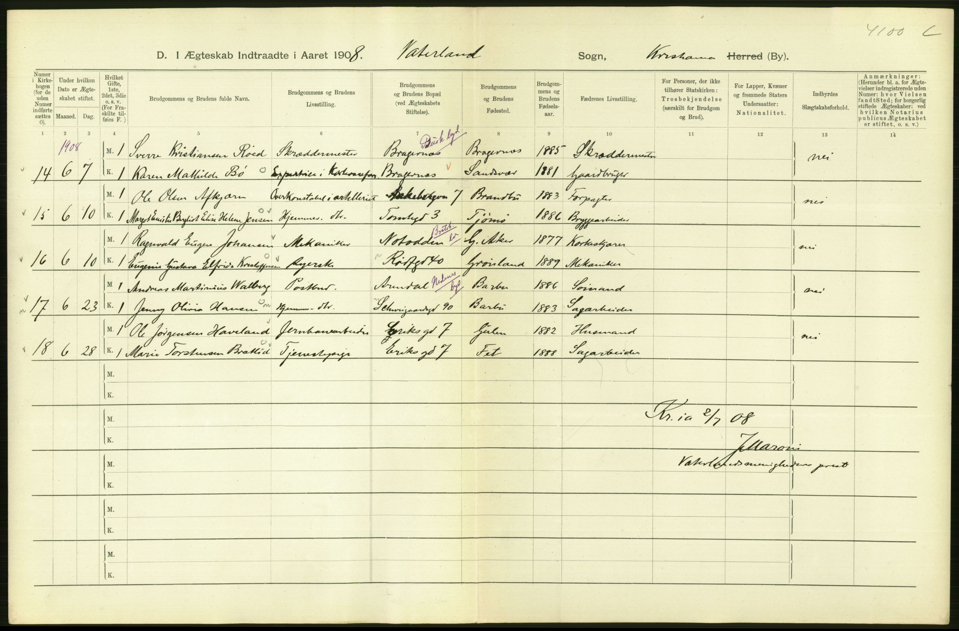 Statistisk sentralbyrå, Sosiodemografiske emner, Befolkning, AV/RA-S-2228/D/Df/Dfa/Dfaf/L0007: Kristiania: Gifte, 1908, s. 56