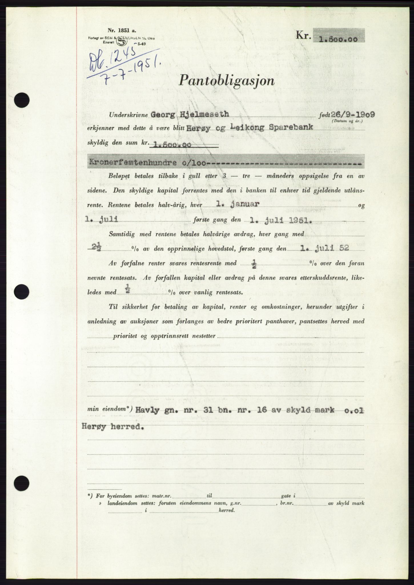 Søre Sunnmøre sorenskriveri, AV/SAT-A-4122/1/2/2C/L0120: Pantebok nr. 8B, 1951-1951, Dagboknr: 1245/1951