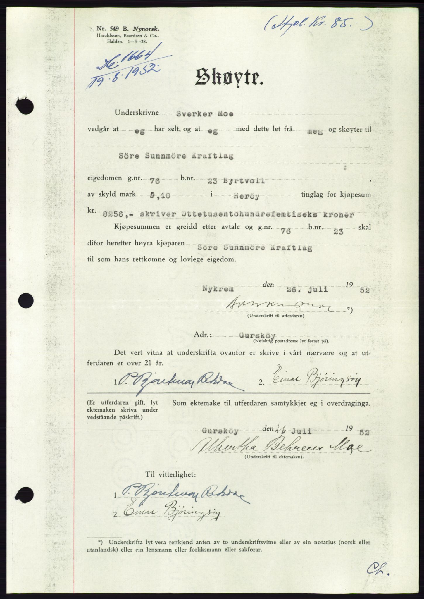 Søre Sunnmøre sorenskriveri, AV/SAT-A-4122/1/2/2C/L0092: Pantebok nr. 18A, 1952-1952, Dagboknr: 1664/1952