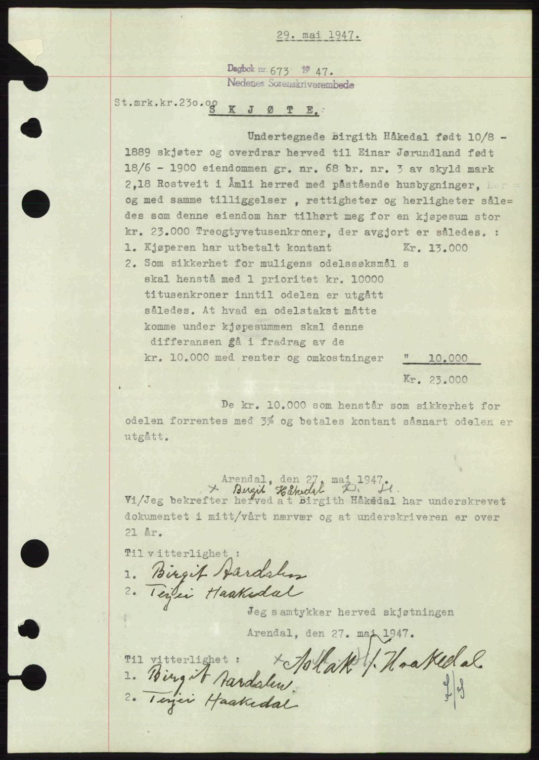 Nedenes sorenskriveri, AV/SAK-1221-0006/G/Gb/Gba/L0057: Pantebok nr. A9, 1947-1947, Dagboknr: 673/1947