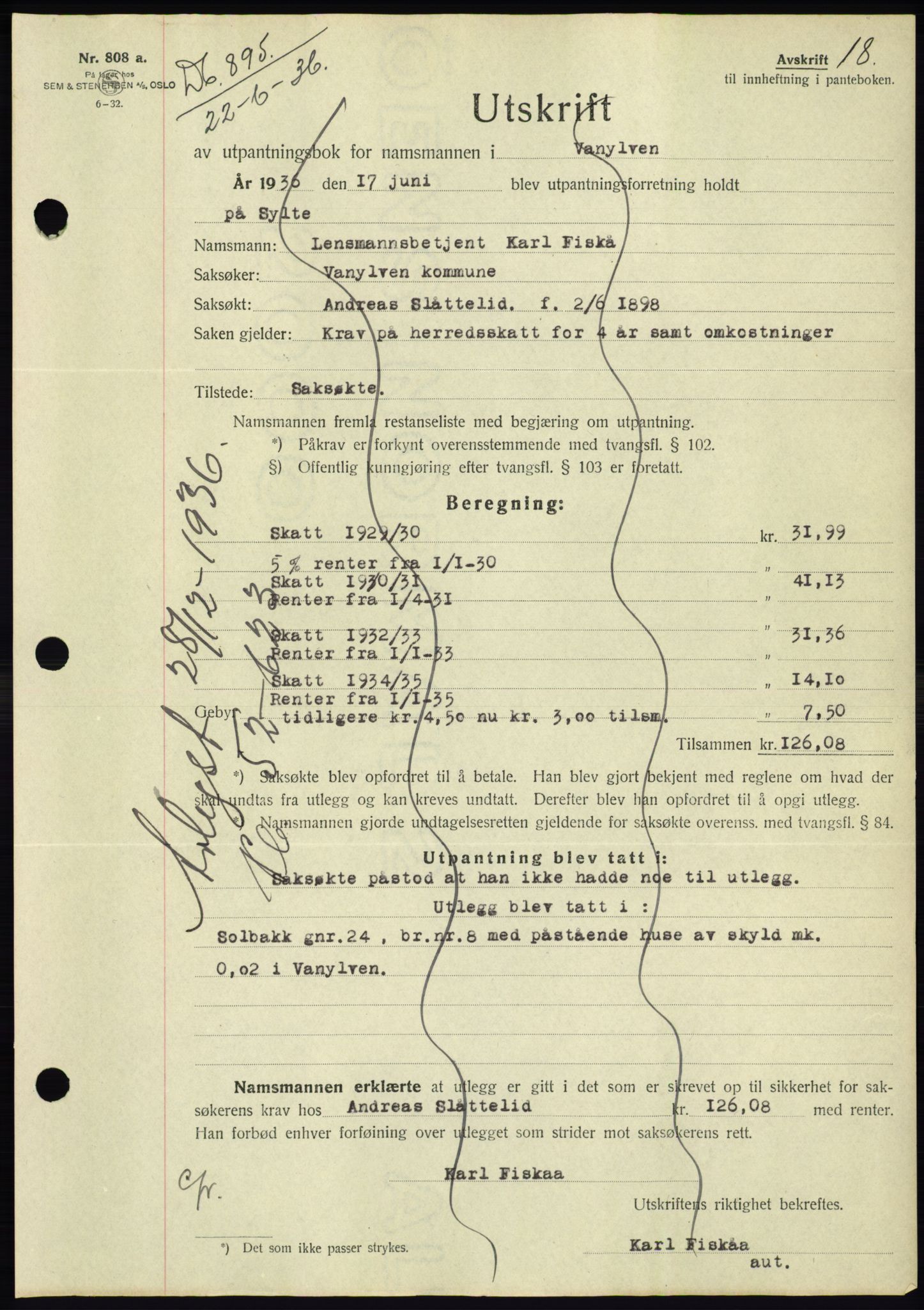 Søre Sunnmøre sorenskriveri, SAT/A-4122/1/2/2C/L0061: Pantebok nr. 55, 1936-1936, Dagboknr: 895/1936