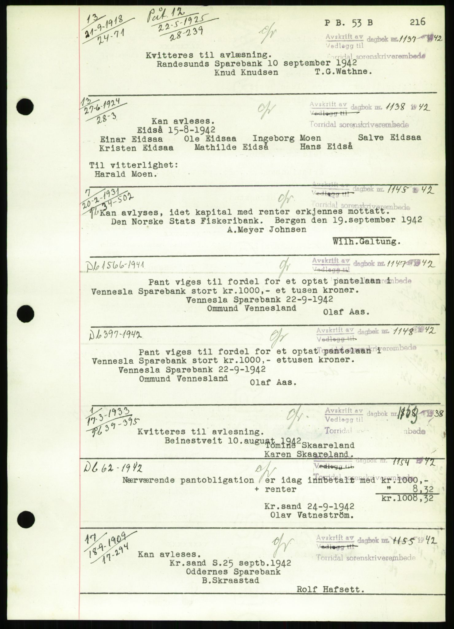 Torridal sorenskriveri, SAK/1221-0012/G/Gb/Gbb/L0009: Pantebok nr. 53b, 1942-1943, Dagboknr: 1137/1942