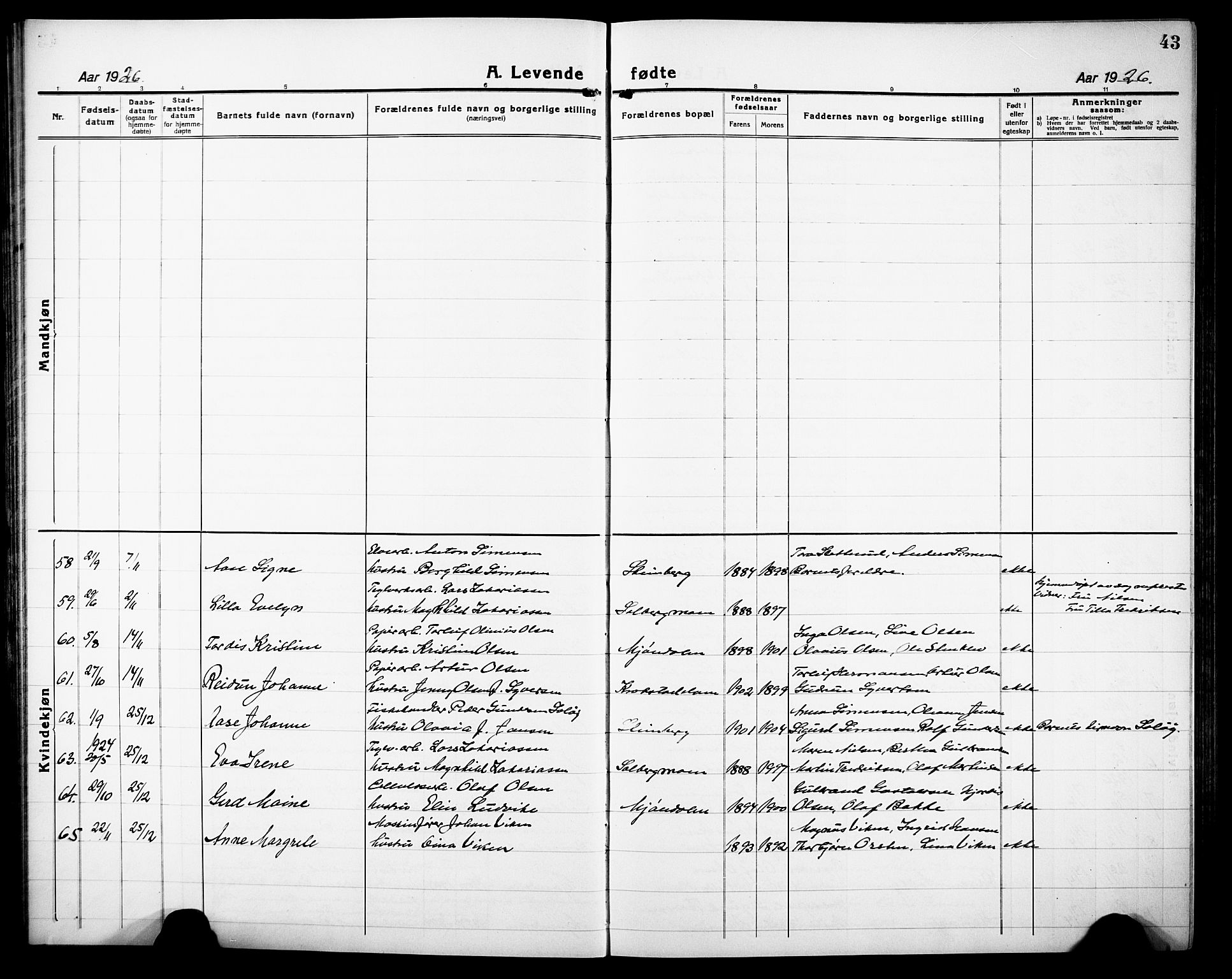 Nedre Eiker kirkebøker, AV/SAKO-A-612/G/Ga/L0006: Klokkerbok nr. 6, 1922-1933, s. 43