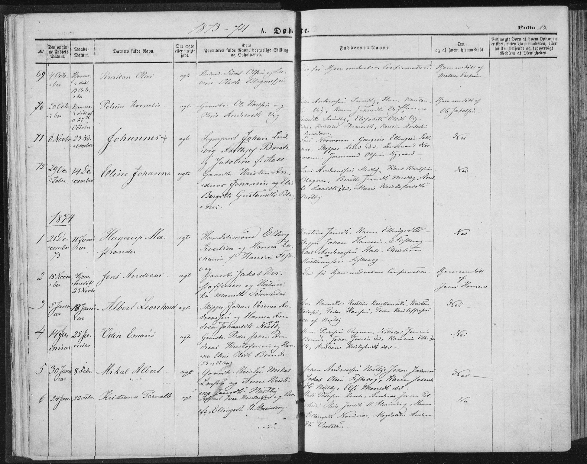 Ministerialprotokoller, klokkerbøker og fødselsregistre - Nordland, SAT/A-1459/847/L0668: Ministerialbok nr. 847A08, 1872-1886, s. 14