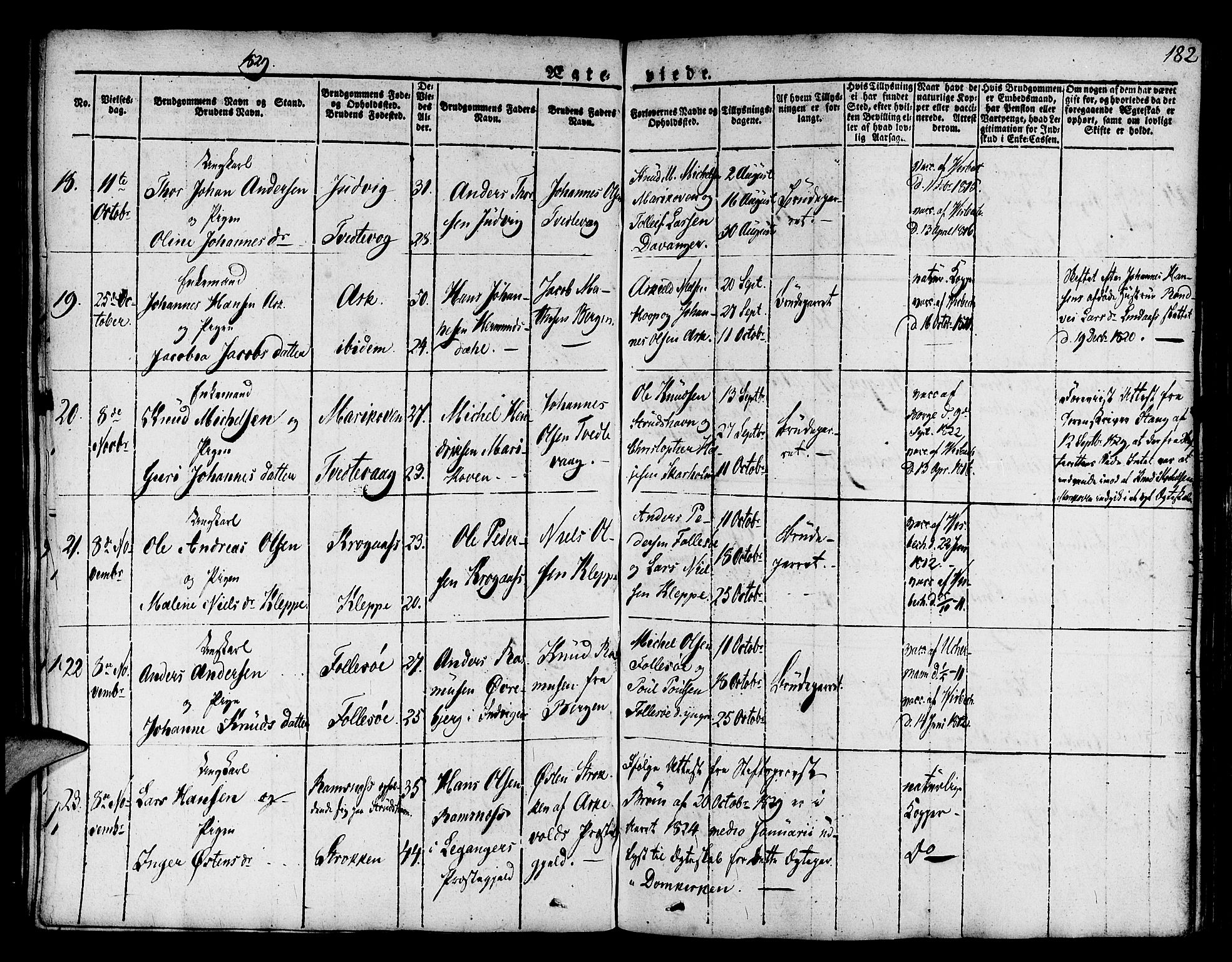 Askøy Sokneprestembete, AV/SAB-A-74101/H/Ha/Haa/Haaa/L0004: Ministerialbok nr. A 4, 1825-1845, s. 182
