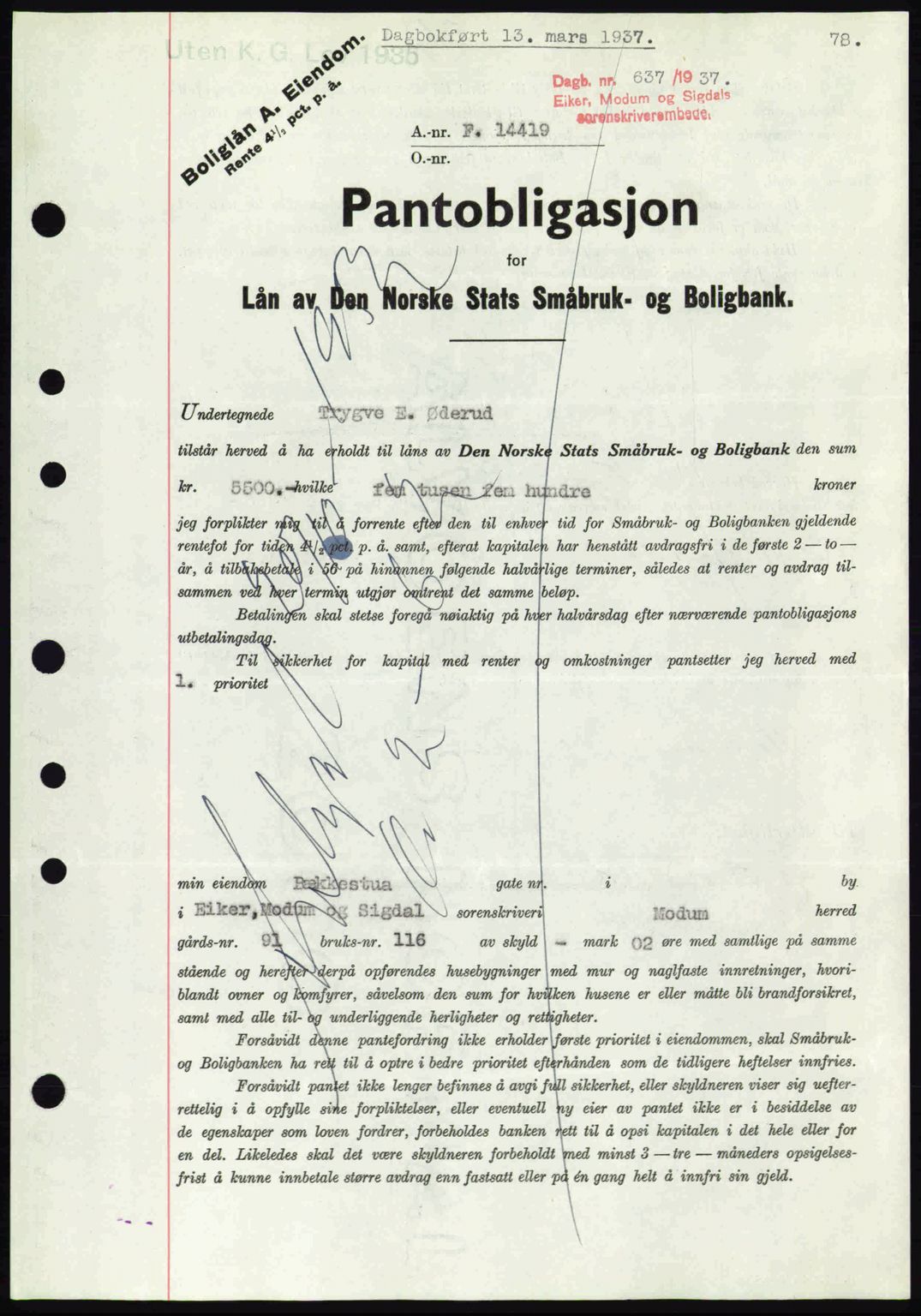 Eiker, Modum og Sigdal sorenskriveri, SAKO/A-123/G/Ga/Gab/L0035: Pantebok nr. A5, 1937-1937, Dagboknr: 637/1937