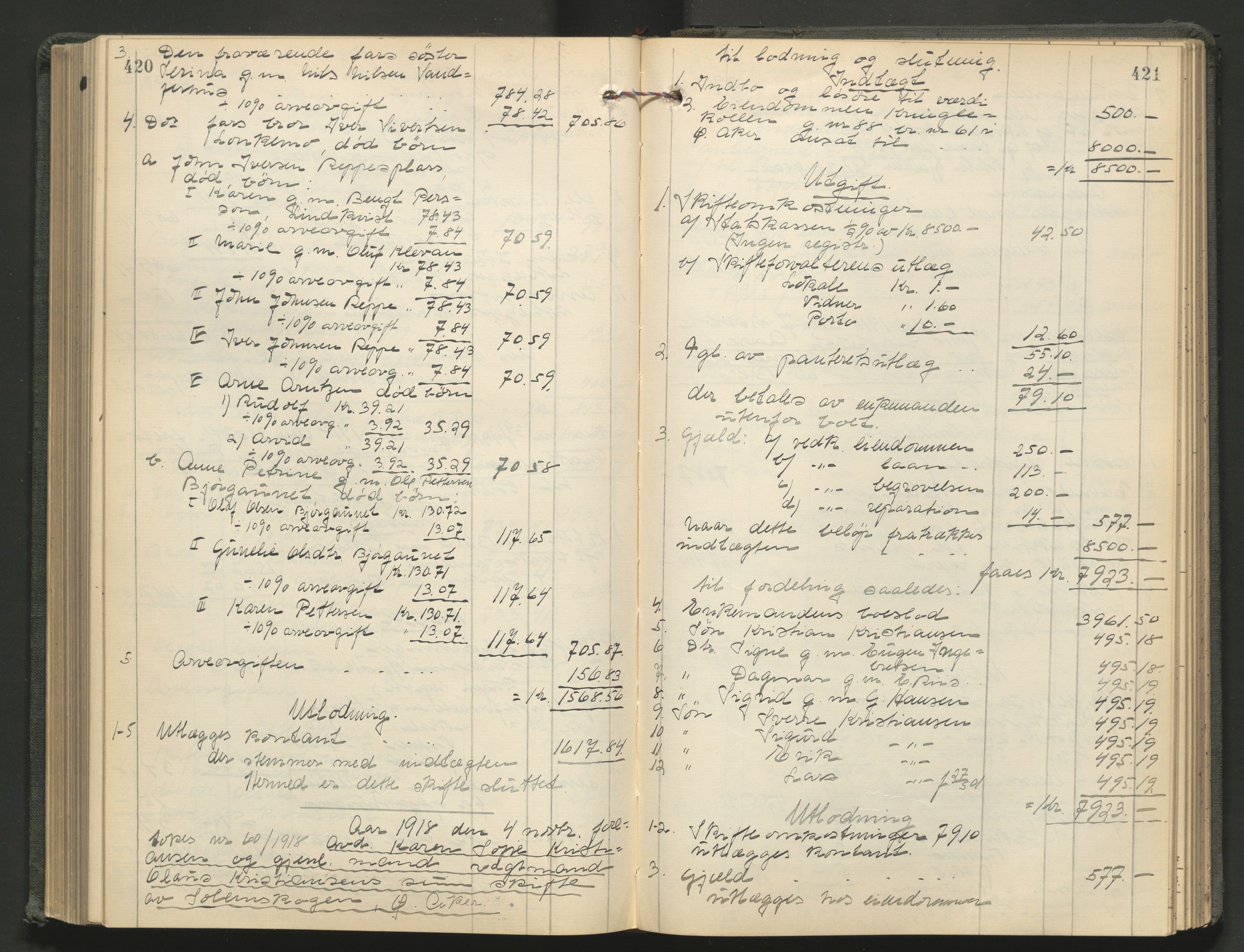 Aker kriminaldommer, skifte- og auksjonsforvalterembete, AV/SAO-A-10452/H/He/L0005: Utlodningsprotokoll, 1915-1919, s. 420-421