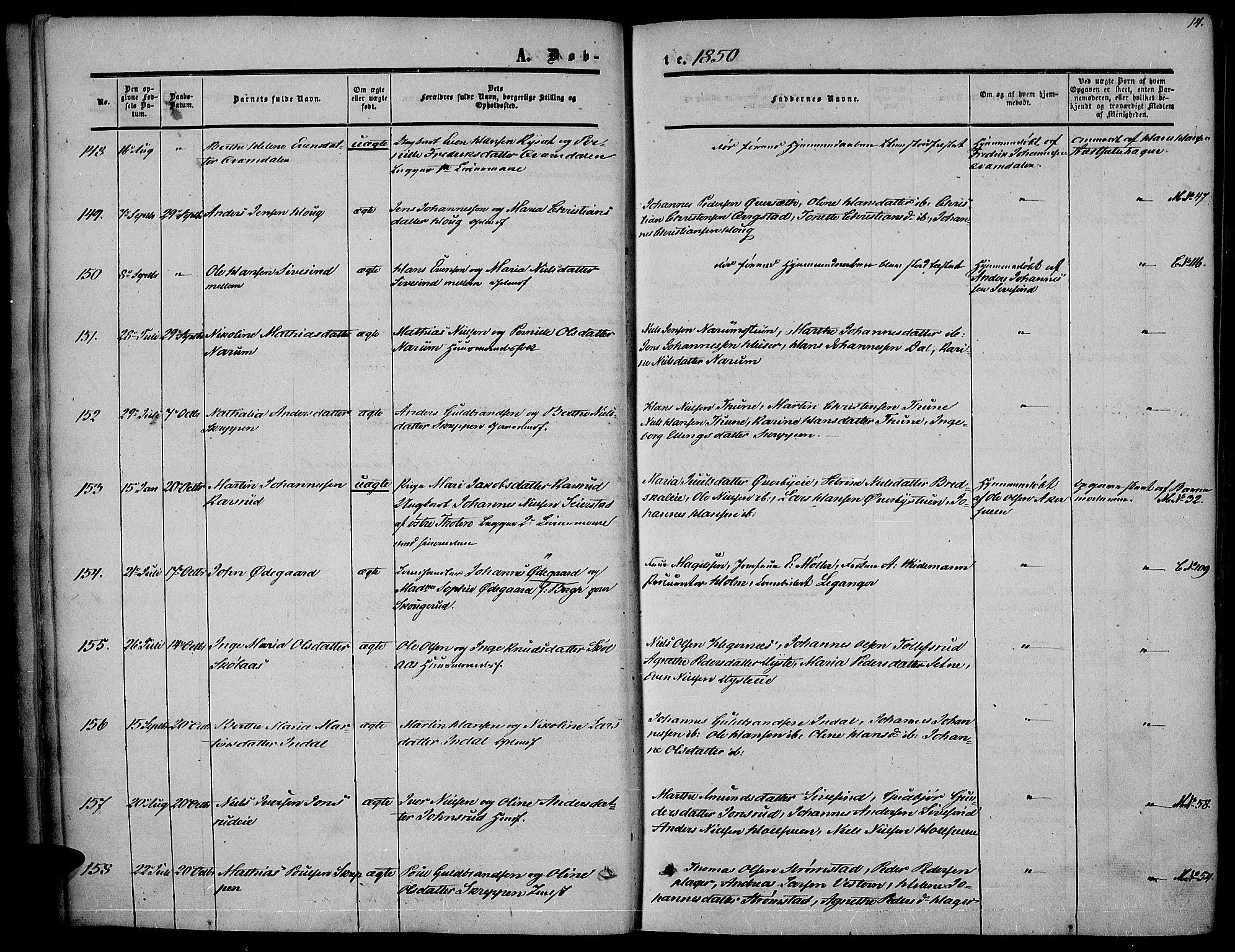 Vestre Toten prestekontor, SAH/PREST-108/H/Ha/Haa/L0005: Ministerialbok nr. 5, 1850-1855, s. 14