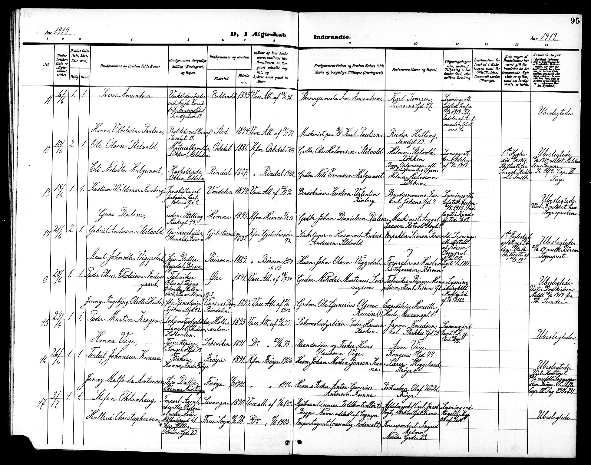 Ministerialprotokoller, klokkerbøker og fødselsregistre - Sør-Trøndelag, SAT/A-1456/602/L0145: Klokkerbok nr. 602C13, 1902-1919, s. 95