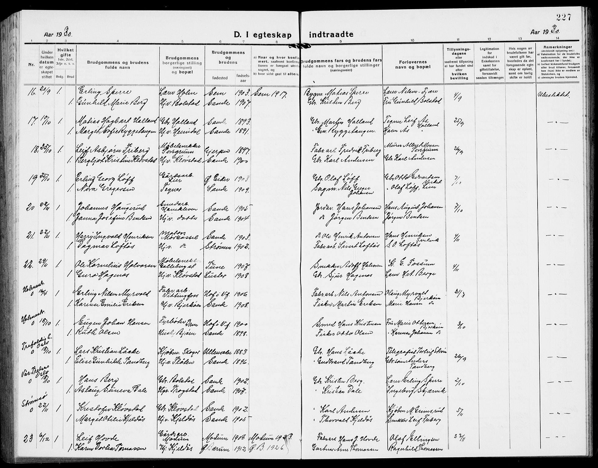 Sande Kirkebøker, AV/SAKO-A-53/G/Ga/L0005: Klokkerbok nr. 5, 1919-1937, s. 227