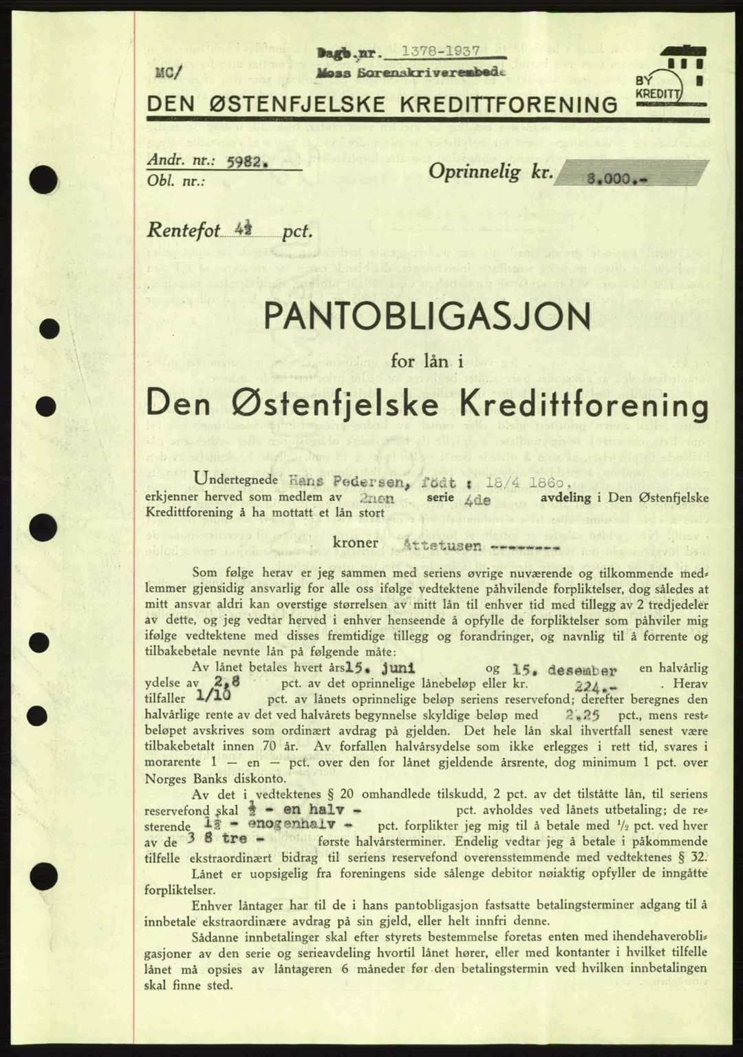 Moss sorenskriveri, SAO/A-10168: Pantebok nr. B4, 1937-1938, Dagboknr: 1378/1937