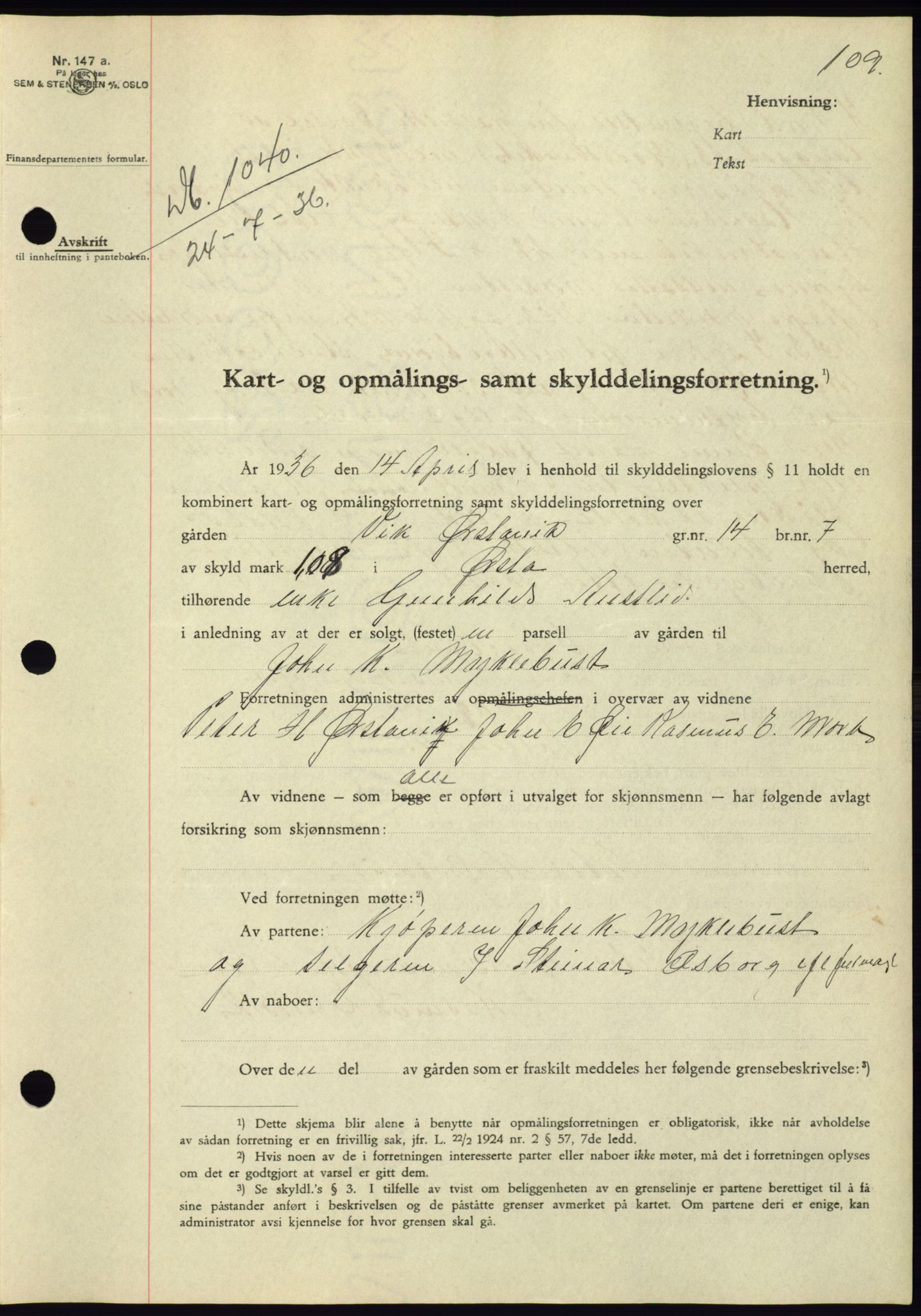 Søre Sunnmøre sorenskriveri, SAT/A-4122/1/2/2C/L0061: Pantebok nr. 55, 1936-1936, Dagboknr: 1040/1936