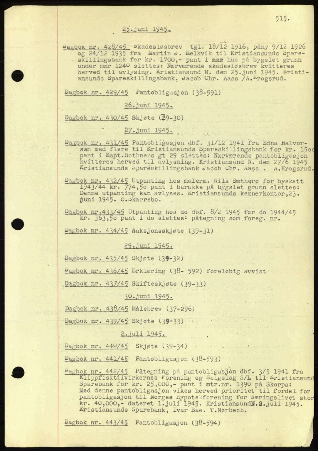 Kristiansund byfogd, AV/SAT-A-4587/A/27: Pantebok nr. 32a, 1938-1946, Dagboknr: 428/1945