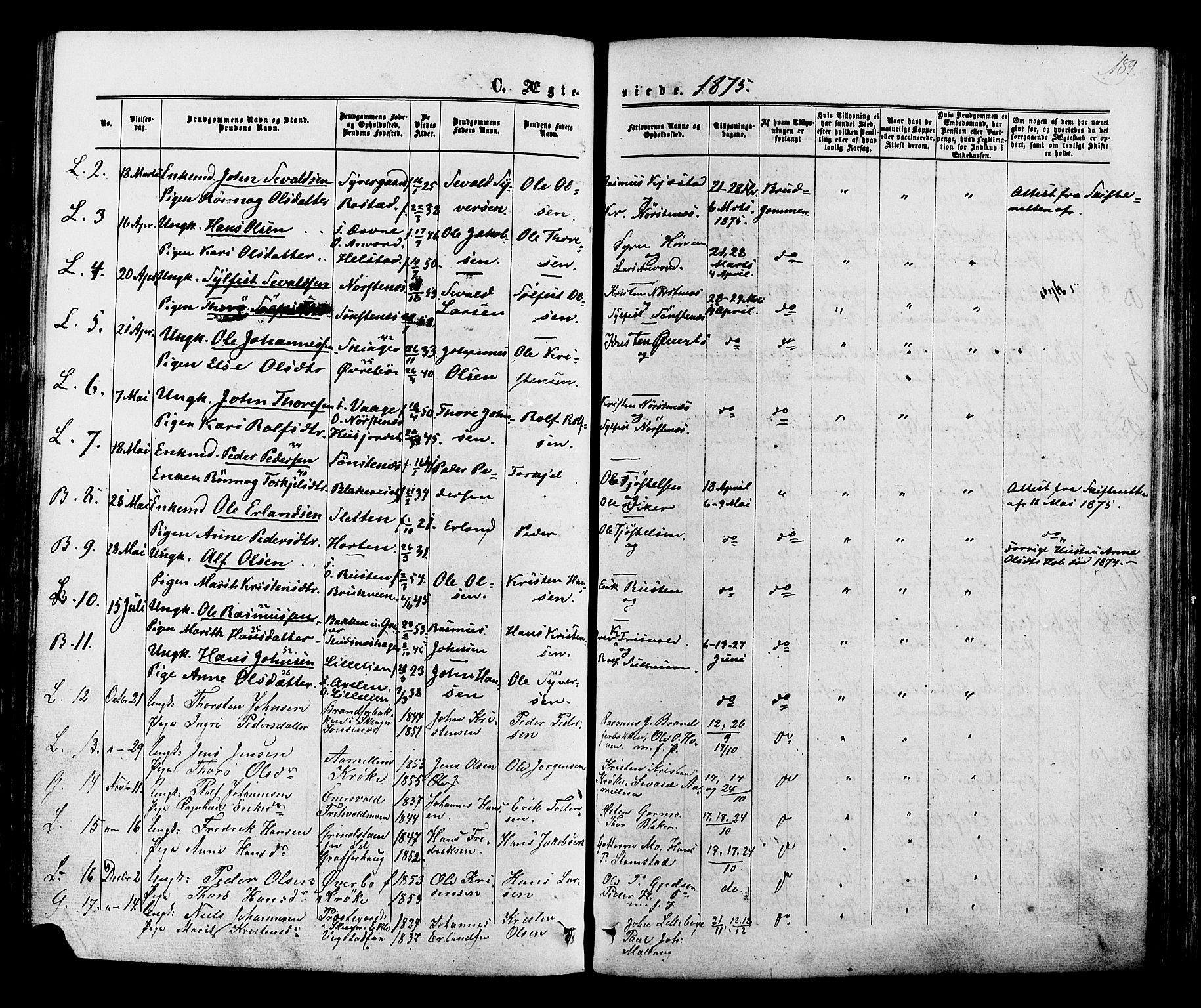 Lom prestekontor, AV/SAH-PREST-070/K/L0007: Ministerialbok nr. 7, 1863-1884, s. 189