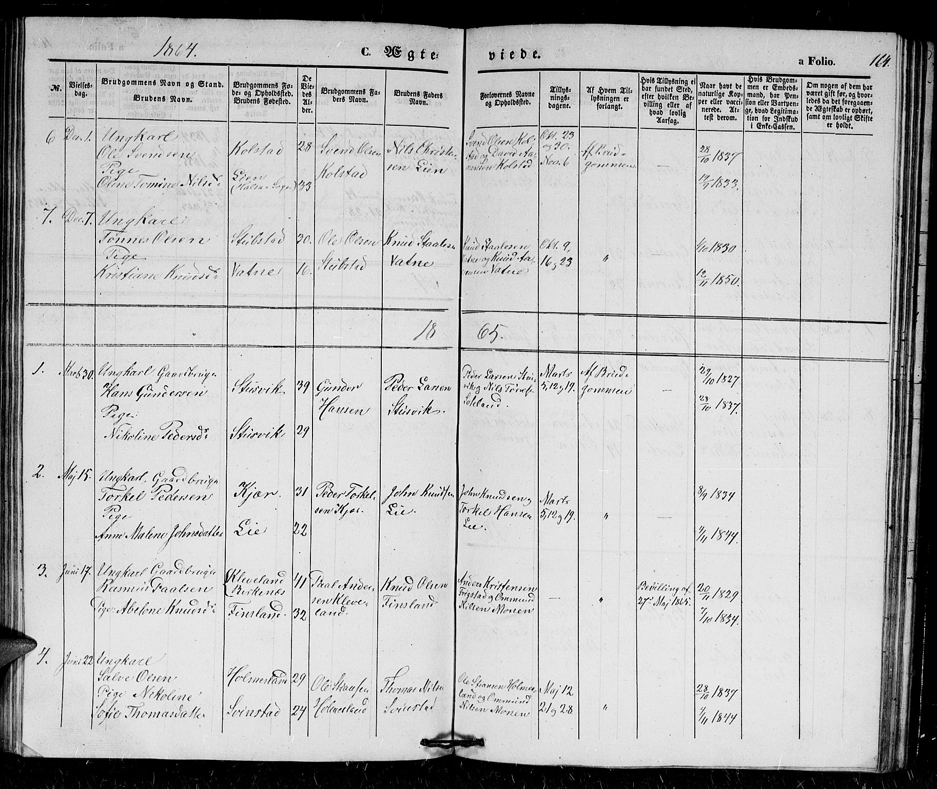 Holum sokneprestkontor, AV/SAK-1111-0022/F/Fb/Fba/L0003: Klokkerbok nr. B 3, 1850-1866, s. 164