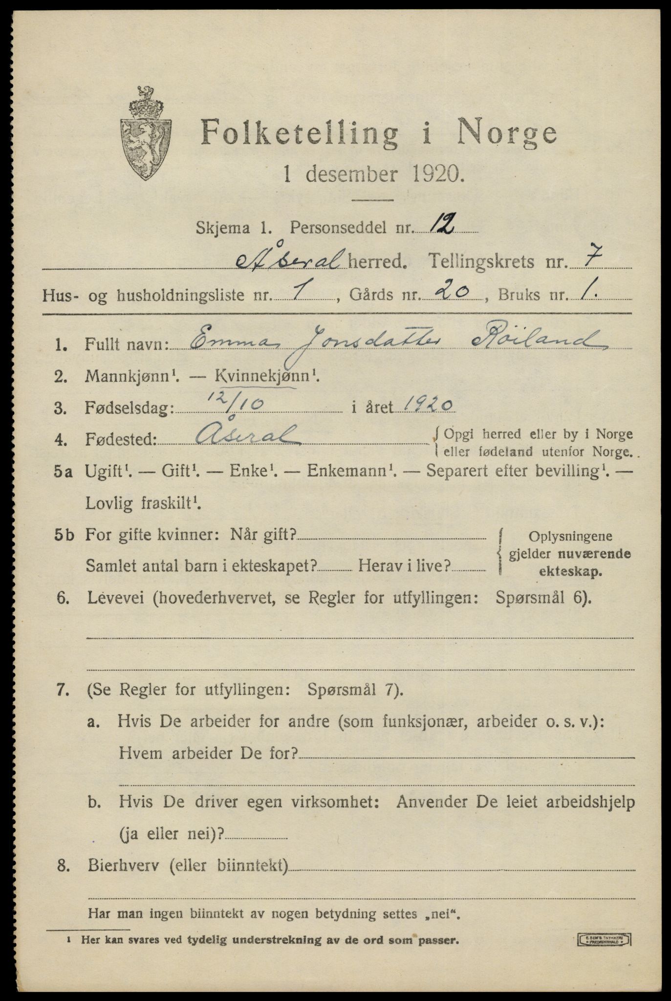 SAK, Folketelling 1920 for 1026 Åseral herred, 1920, s. 2068