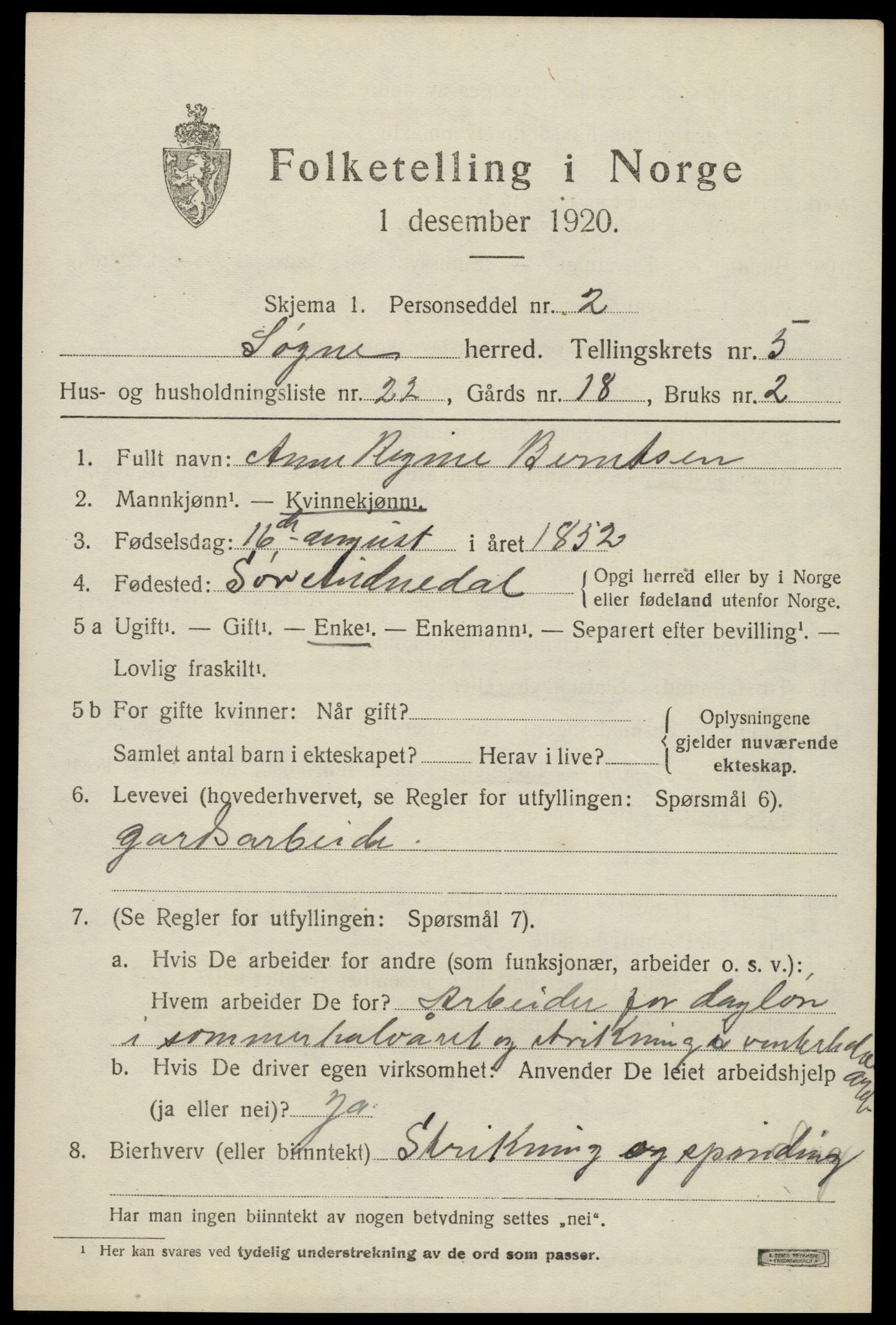 SAK, Folketelling 1920 for 1018 Søgne herred, 1920, s. 2479