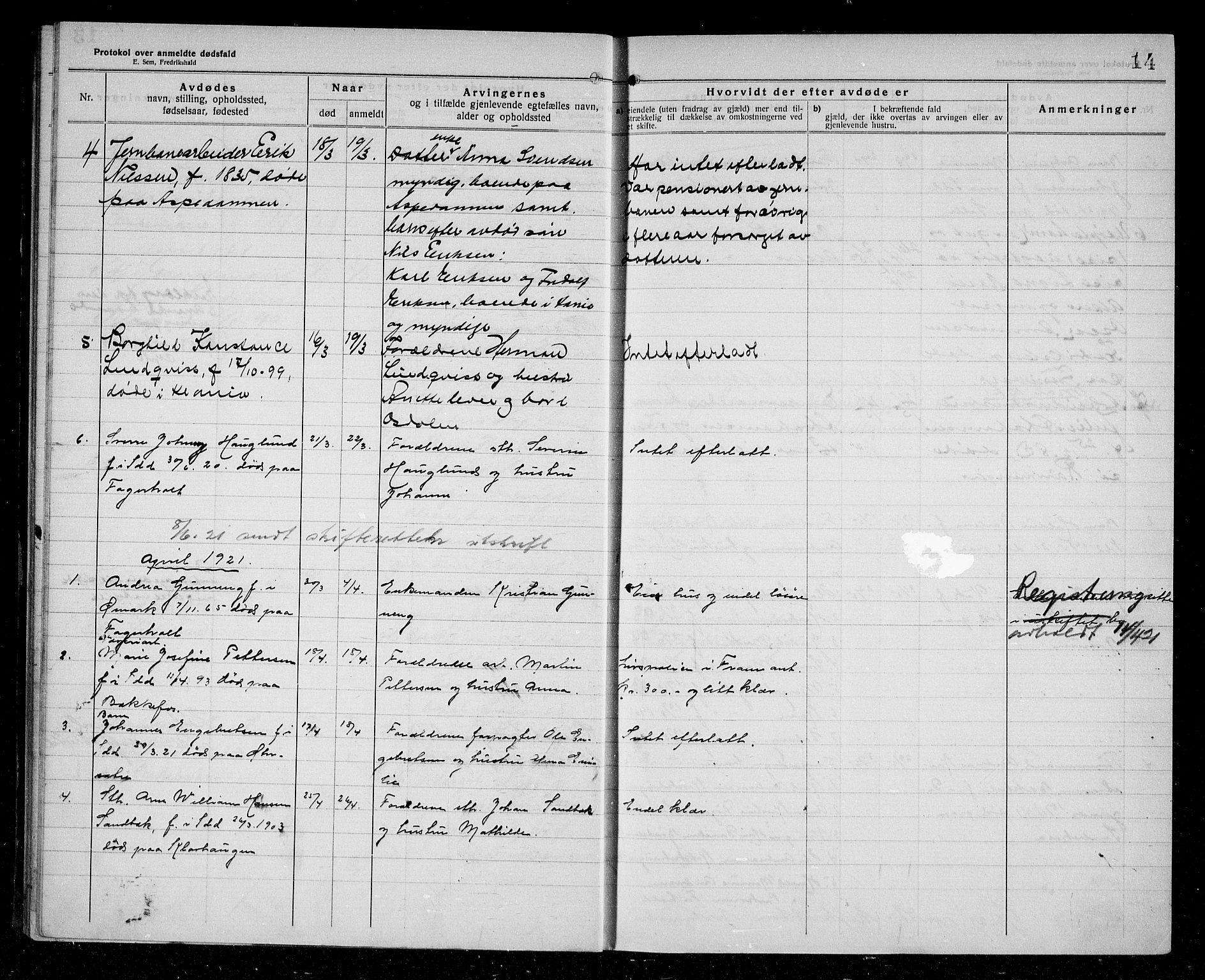 Idd lensmannsarkiv, AV/SAO-A-10633/H/Ha/L0004: Dødsfallsprotokoll, 1920-1929, s. 14