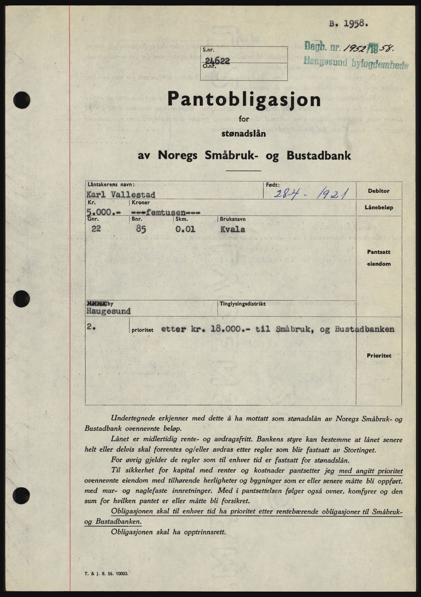 Haugesund tingrett, SAST/A-101415/01/II/IIC/L0044: Pantebok nr. B 44, 1958-1959, Dagboknr: 1952/1958