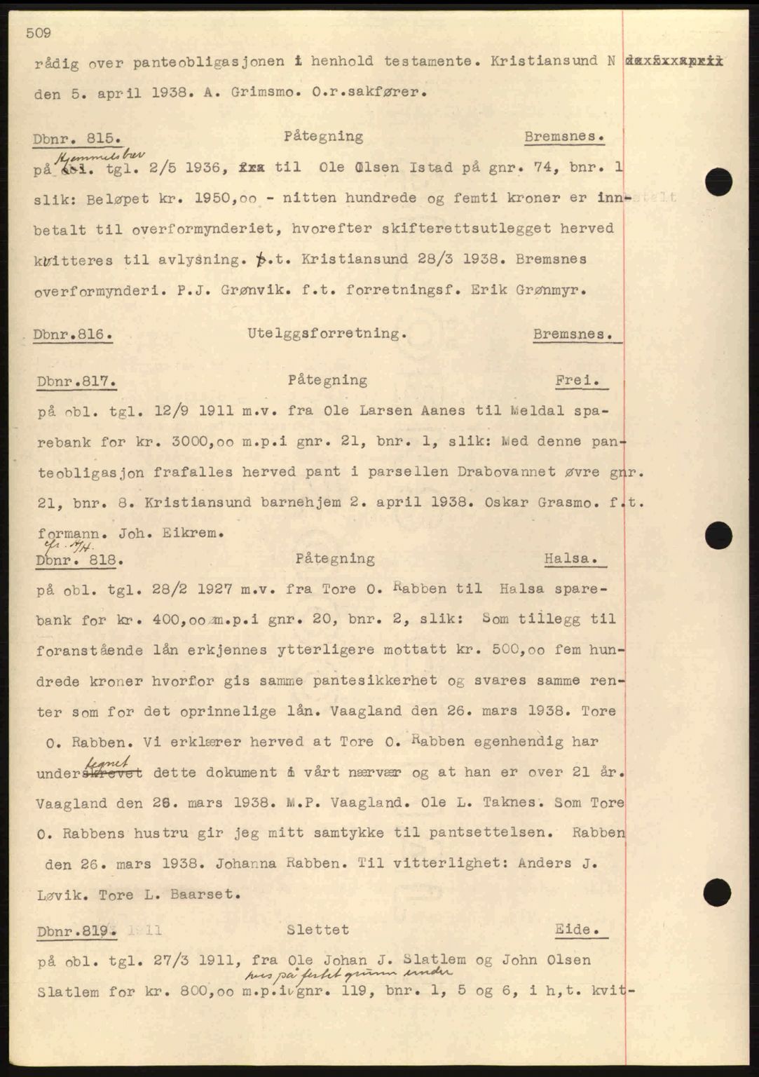 Nordmøre sorenskriveri, SAT/A-4132/1/2/2Ca: Pantebok nr. C80, 1936-1939, Dagboknr: 815/1938