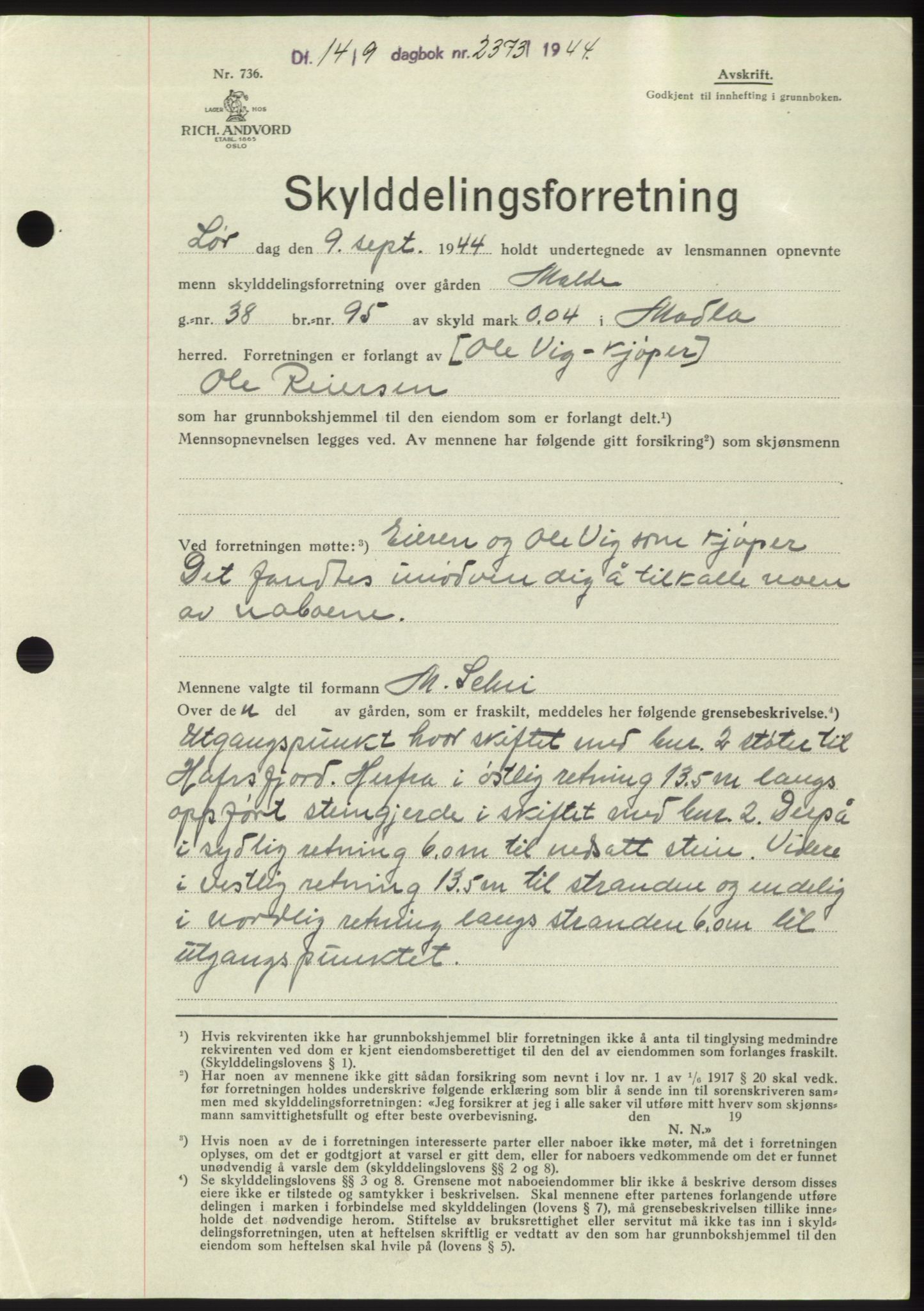 Jæren sorenskriveri, SAST/A-100310/03/G/Gba/L0087: Pantebok, 1944-1945, Dagboknr: 2373/1944