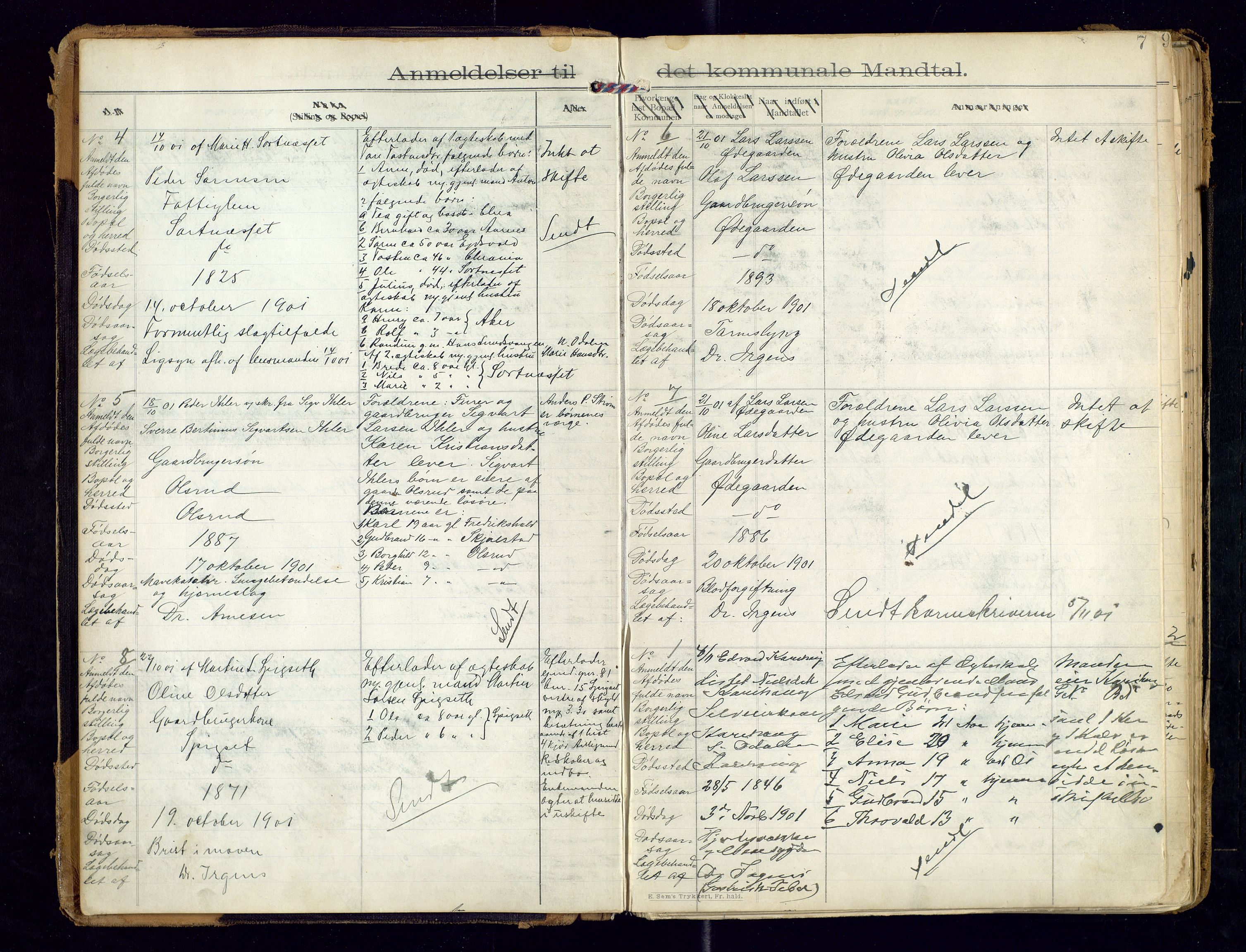 Sør-Odal lensmannskontor, SAH/LHS-022/H/Hb/L0001/0002: Protokoller over anmeldte dødsfall / Protokoll over anmeldte dødsfall, 1901-1913, s. 7