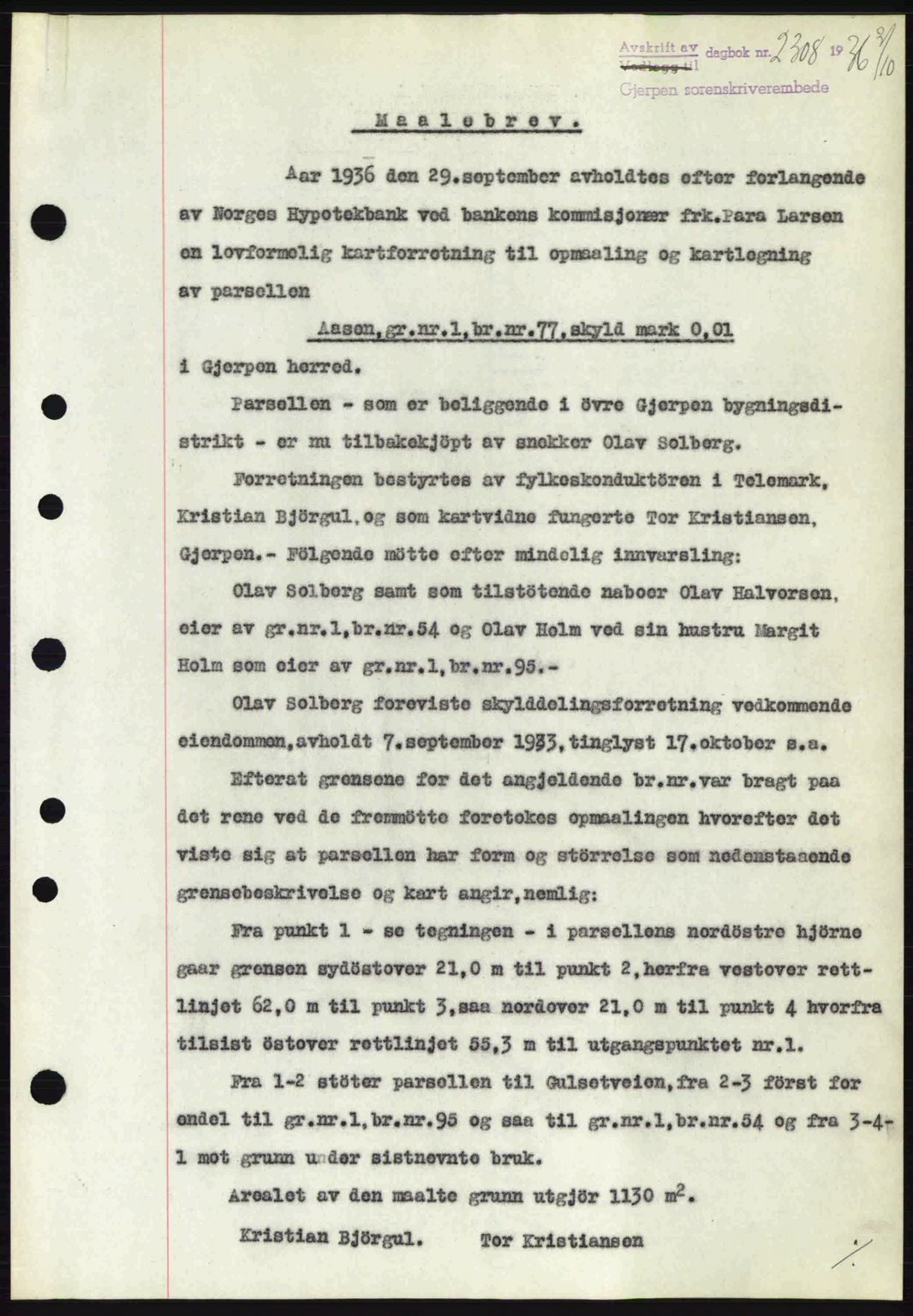 Gjerpen sorenskriveri, SAKO/A-216/G/Ga/Gae/L0067: Pantebok nr. A-66 - A-68, 1936-1937, Dagboknr: 2308/1936