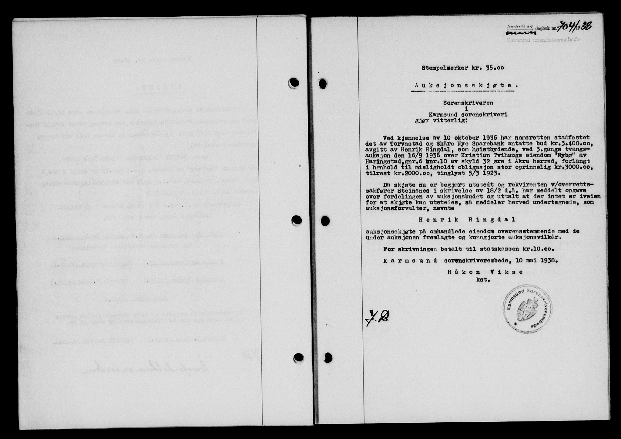 Karmsund sorenskriveri, SAST/A-100311/01/II/IIB/L0069: Pantebok nr. 50A, 1937-1938, Dagboknr: 704/1938