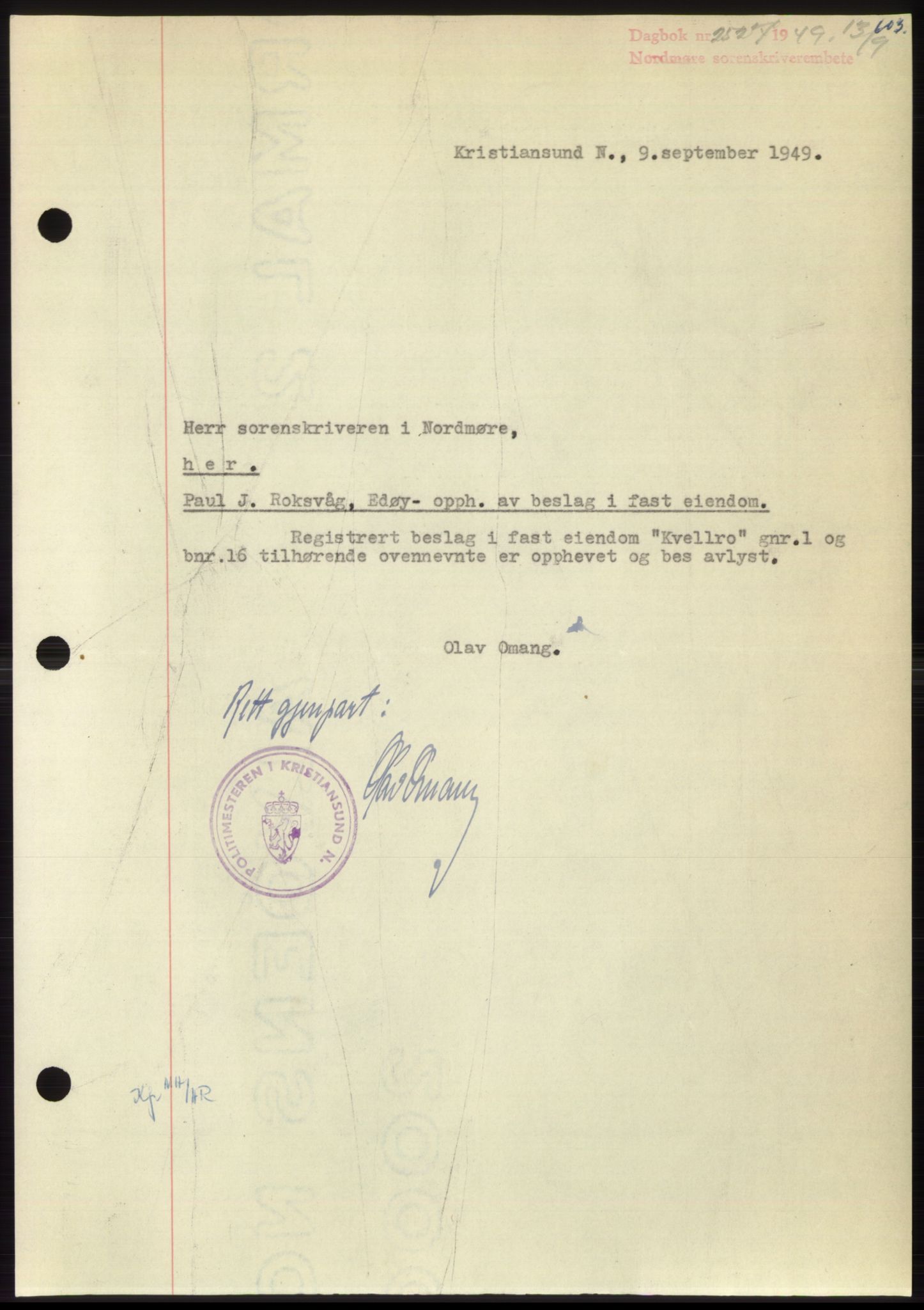 Nordmøre sorenskriveri, AV/SAT-A-4132/1/2/2Ca: Pantebok nr. B102, 1949-1949, Dagboknr: 2527/1949