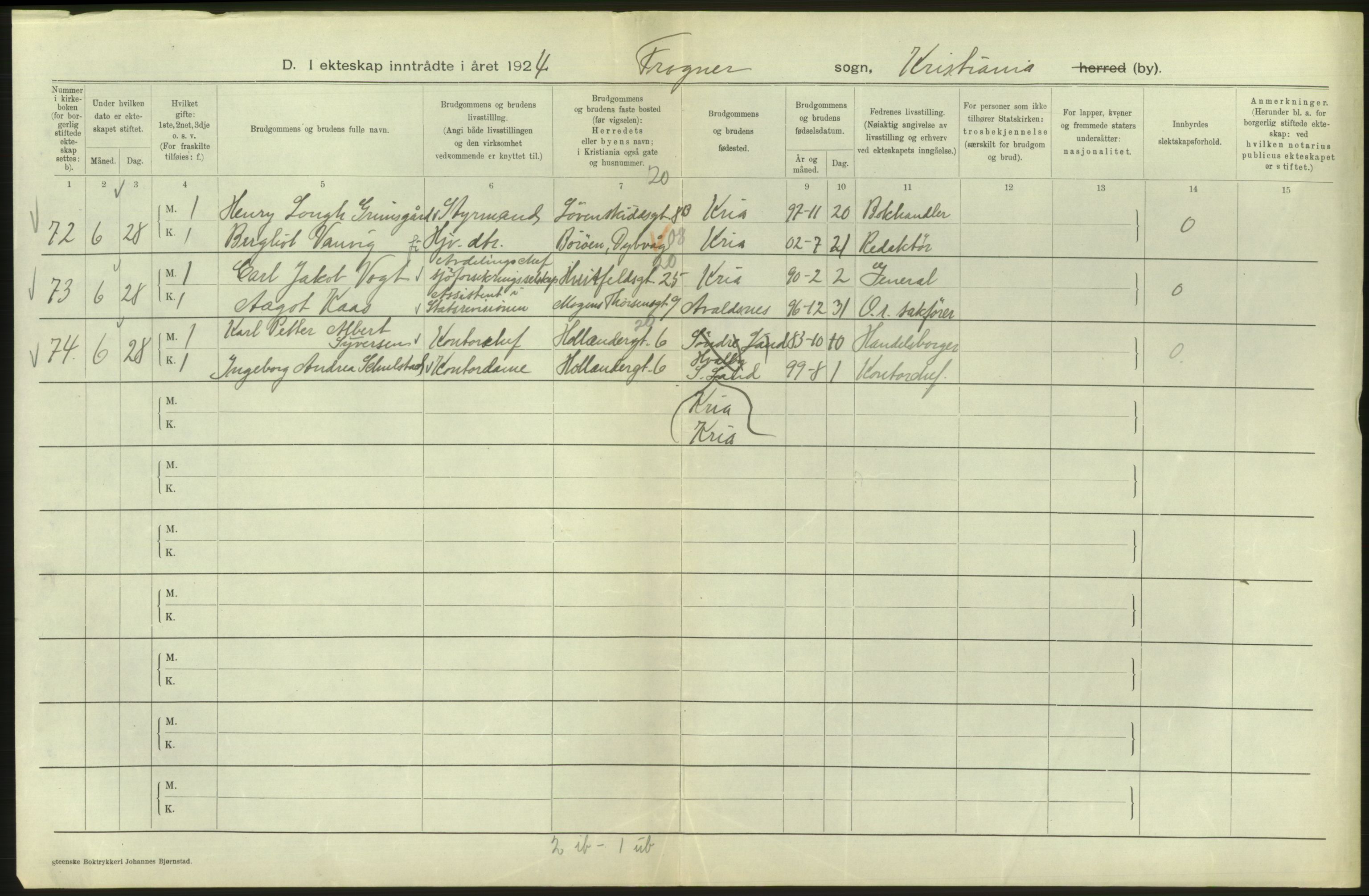 Statistisk sentralbyrå, Sosiodemografiske emner, Befolkning, AV/RA-S-2228/D/Df/Dfc/Dfcd/L0007: Kristiania: Gifte, 1924, s. 218